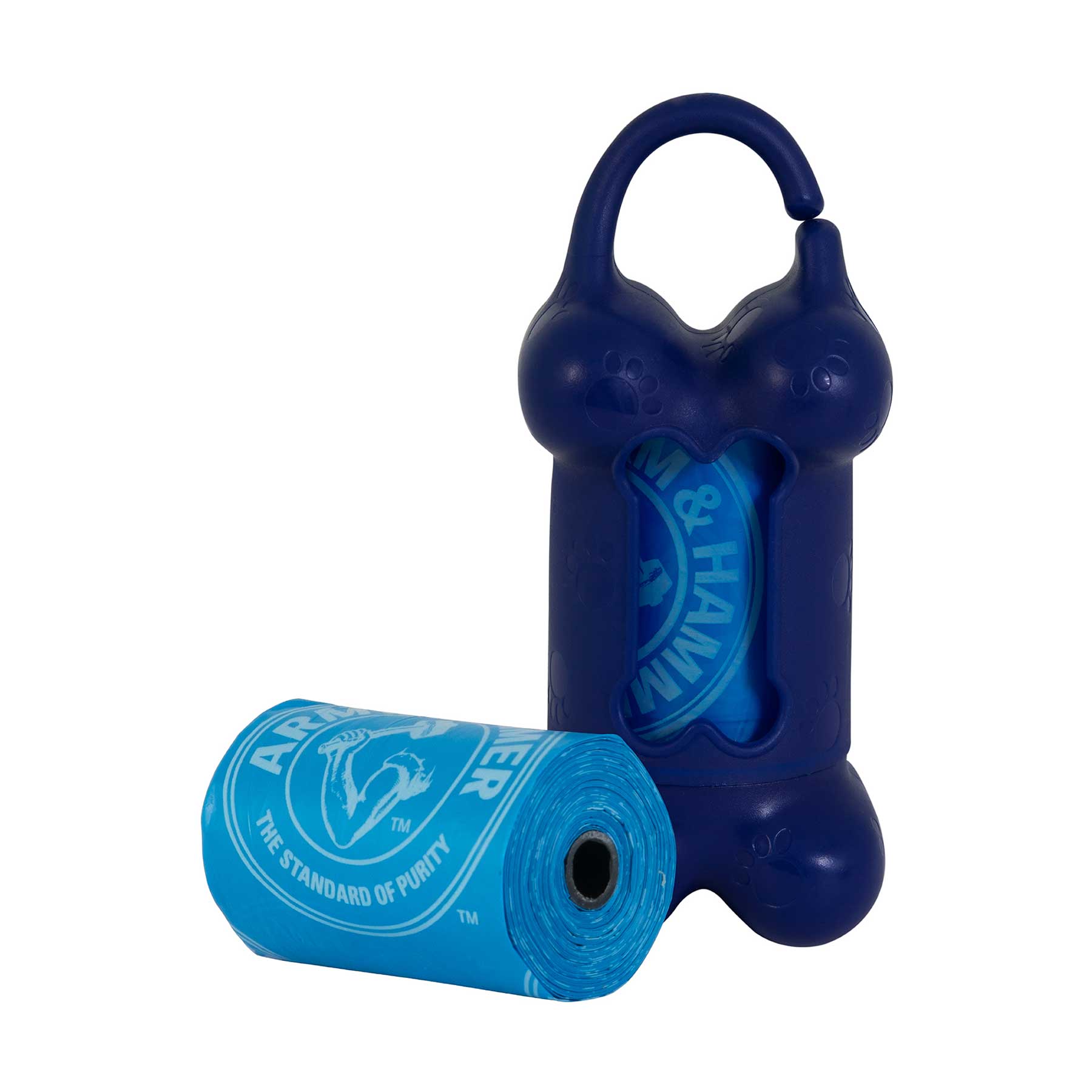The Pet-mates Essential New Dog Bundle by Pet-mates includes a dark blue, bone-shaped dispenser with rolled-up blue bags and an extra logo-marked roll. Featuring a top hook for easy carrying, its perfect for adventures with your furry friend!.