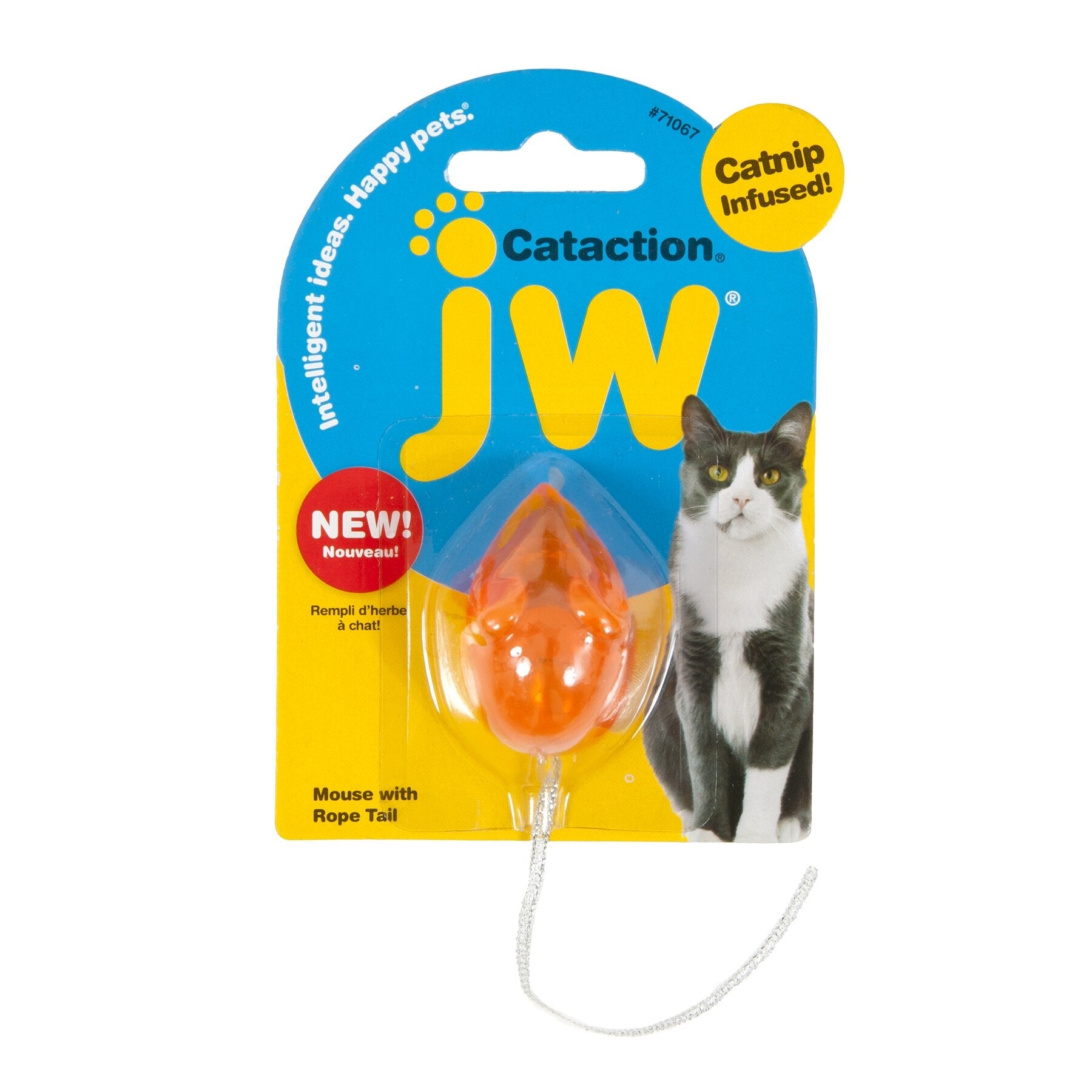 The JW Cataction Mouse With Rope Tail features an orange mouse made from TPR Rubber, a rope tail, and catnip oils. The packaging displays JW, Catnip Infused!, a lively cat image, and reads: Intelligent ideas. Happy pets. The word NEW! is highlighted in red.