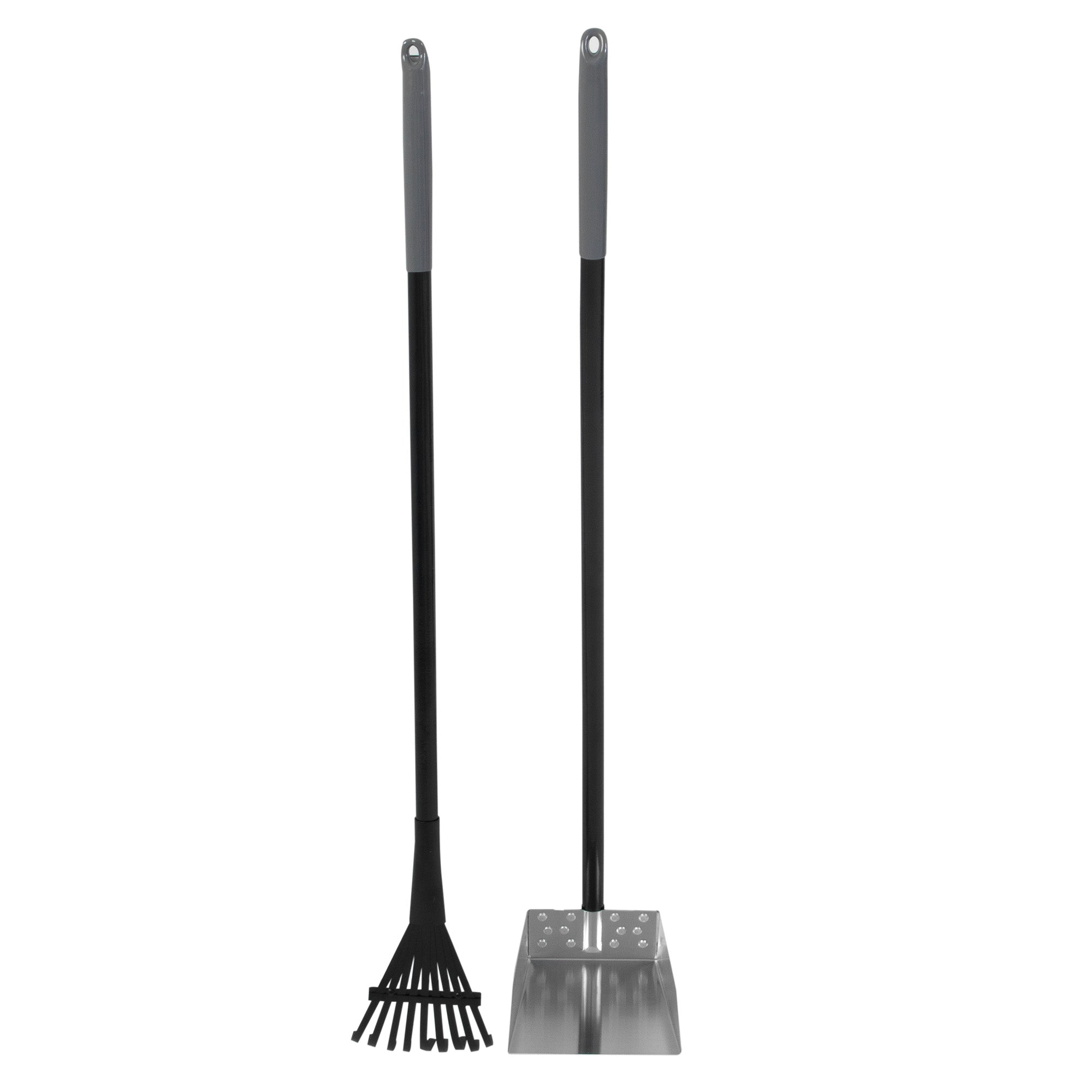 The Pet-mates Clean Response Aluminum Rake & Pan set includes a black, rust-resistant rake with wide prongs and a flat-base shovel. Both tools feature sleek grey handles and stand upright against a white background, perfect for fireplace cleaning or versatile tasks like backyard dog poop clean-up.