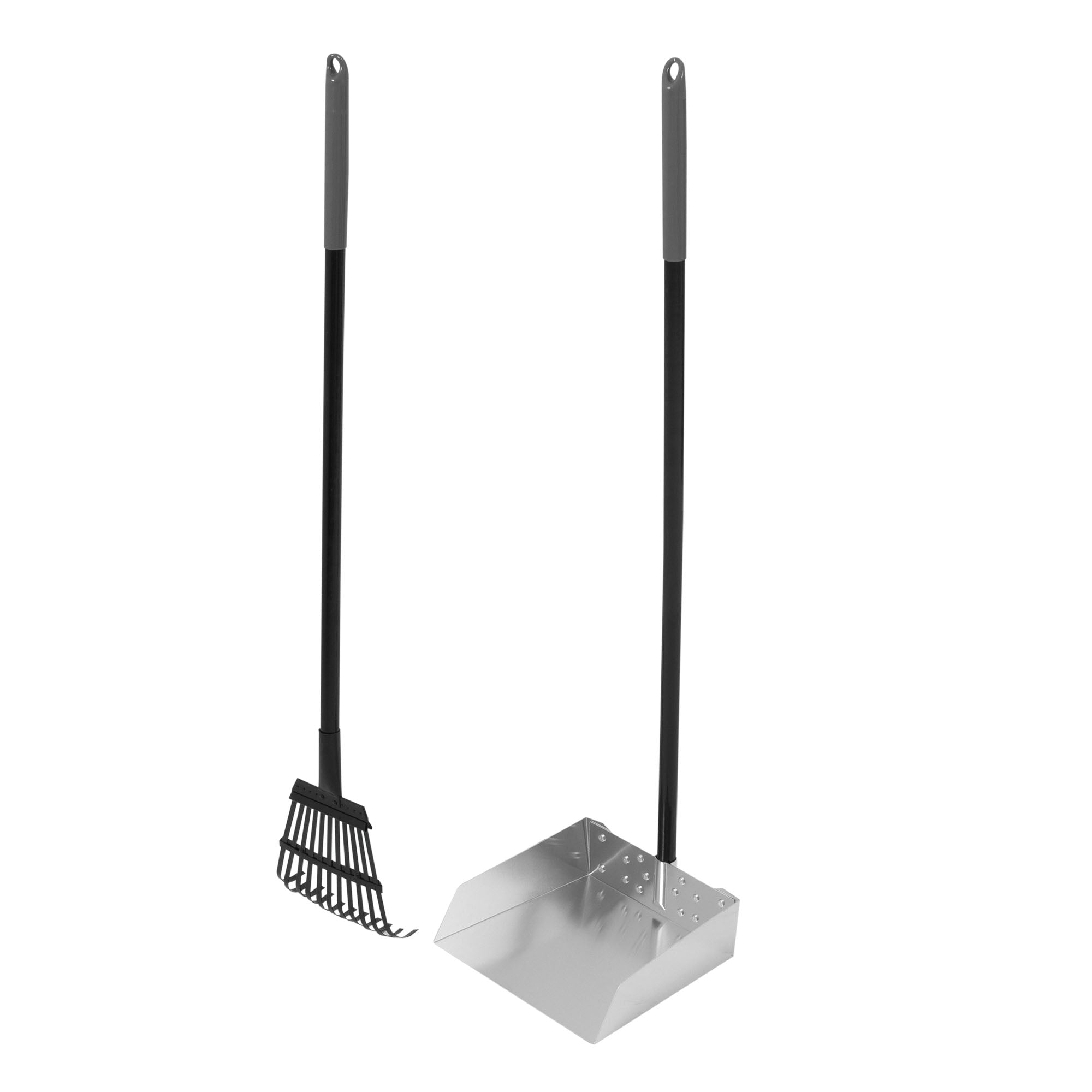 The Pet-mates Clean Response Aluminum Rake & Pan, featuring a black and silver rust-resistant dustpan and aluminum rake with long handles and gray grips, allows for easy backyard dog poop cleanup without bending over.