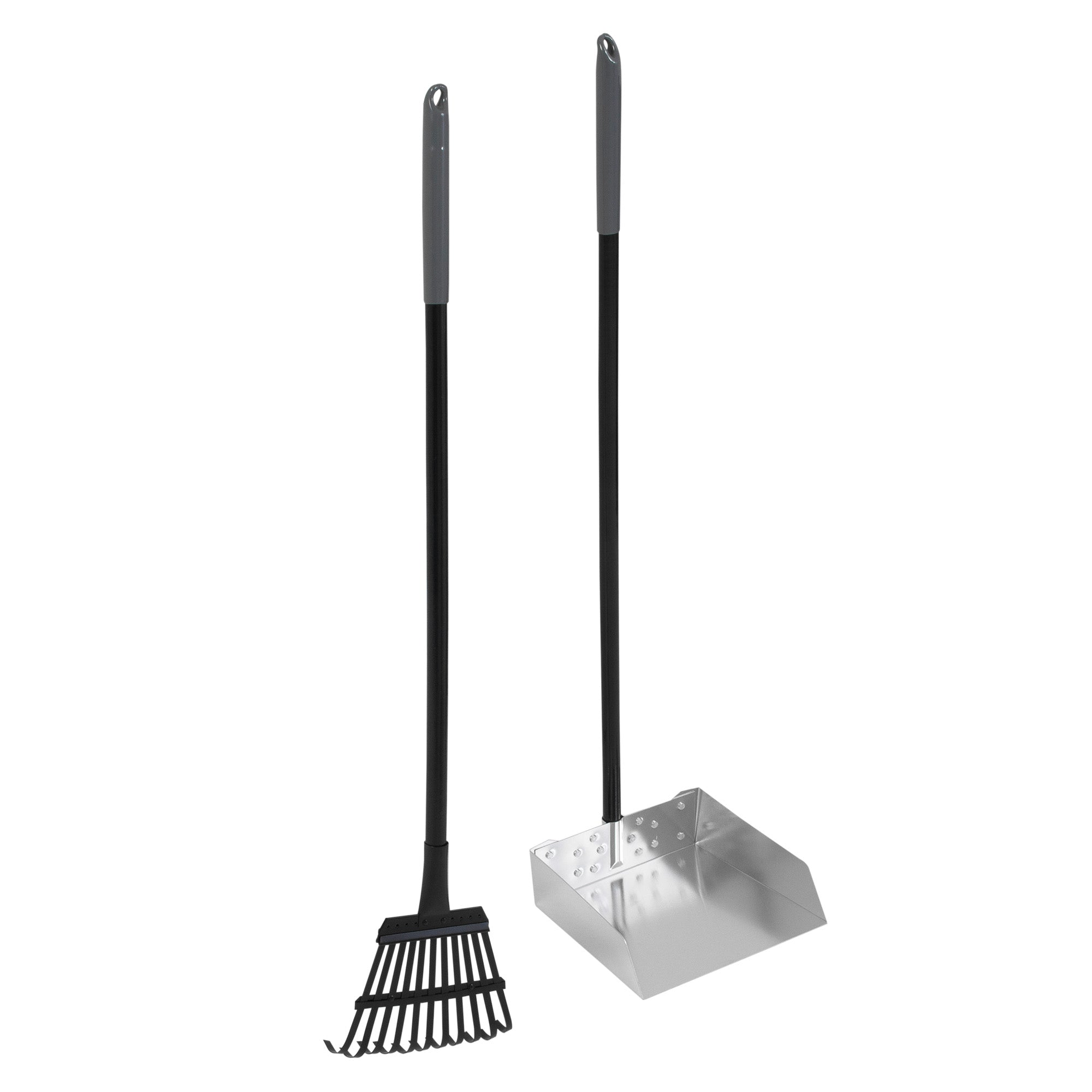 Introducing the Pet-mates Clean Response Aluminum Rake & Pan set, perfect for backyard dog waste cleanup. This rust-resistant toolset features a black-handled rake with multiple prongs and a perforated dustpan, both with long handles. Practical and stylish by Pet-mates.