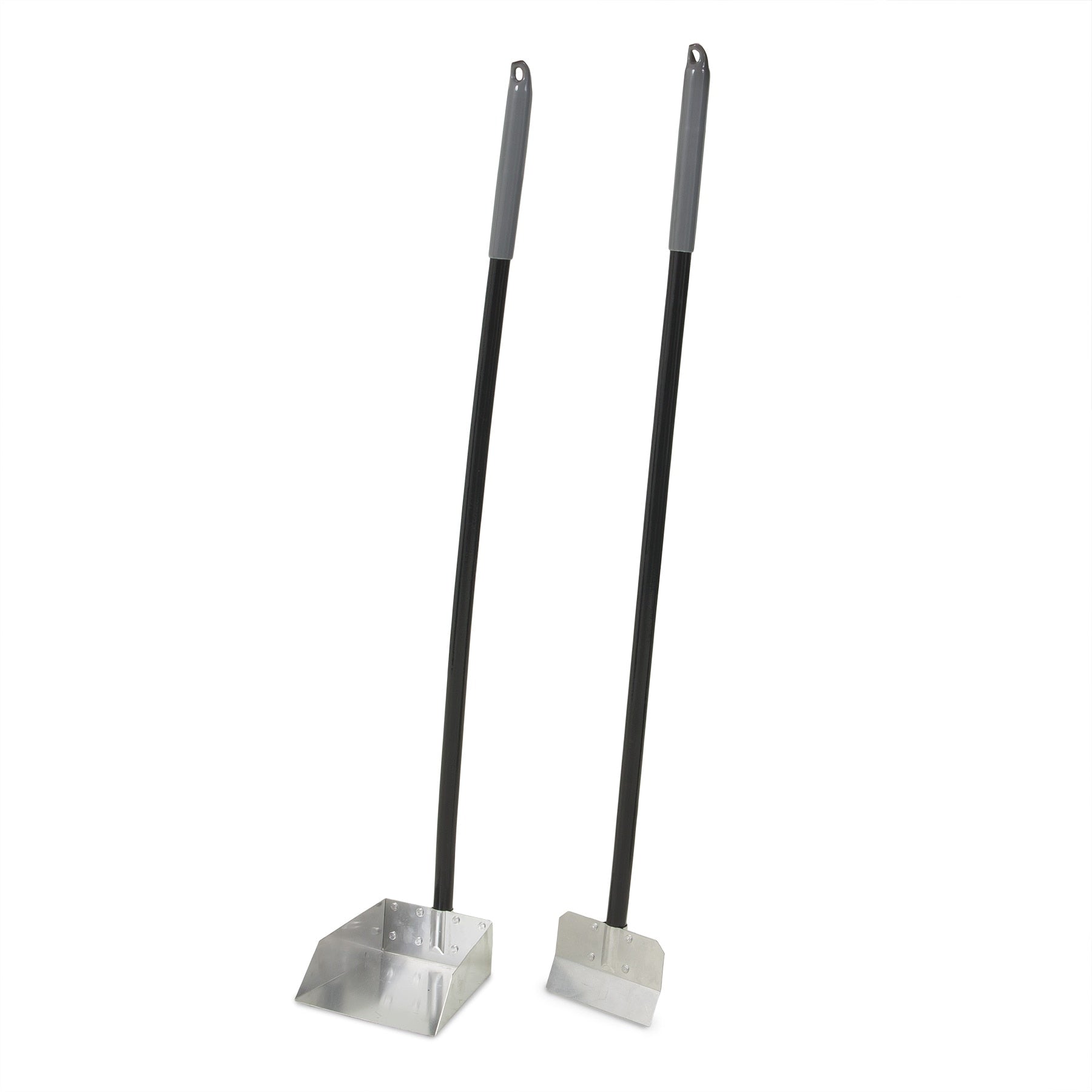The Pet-mates Clean Response Aluminum Spade & Pan Pooper Scooper Set features two metal scoops with long black handles and gray grips. One scoop is flat like a spade, while the other is slightly curved, standing upright against a white background for efficient handling.
