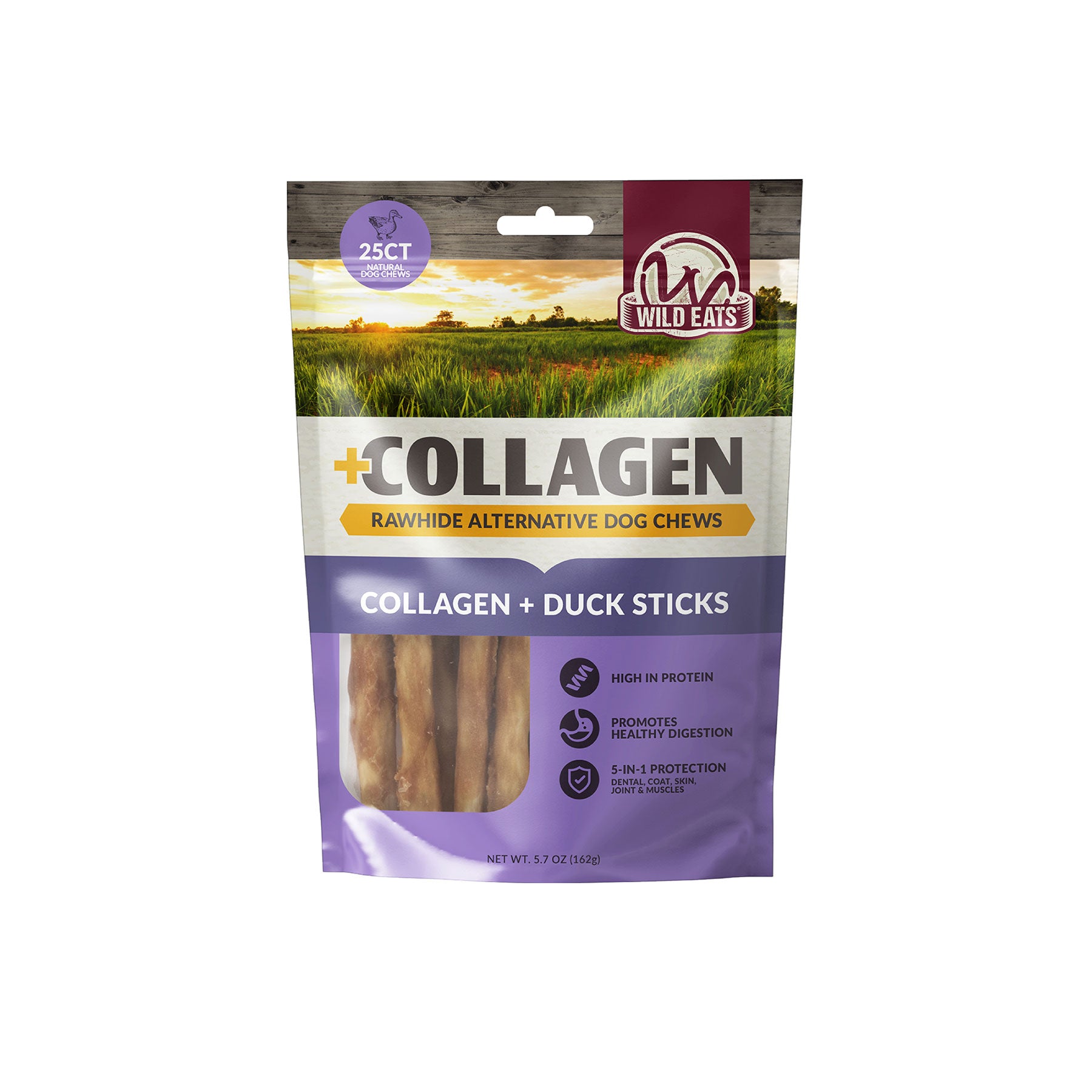 The Wild Eats Collagen + Duck Treats are rawhide alternative dog chews featuring Collagen + Duck Sticks for a healthy coat and digestion. These high-protein treats are 3.7 oz (105g) with 25 pieces per package.