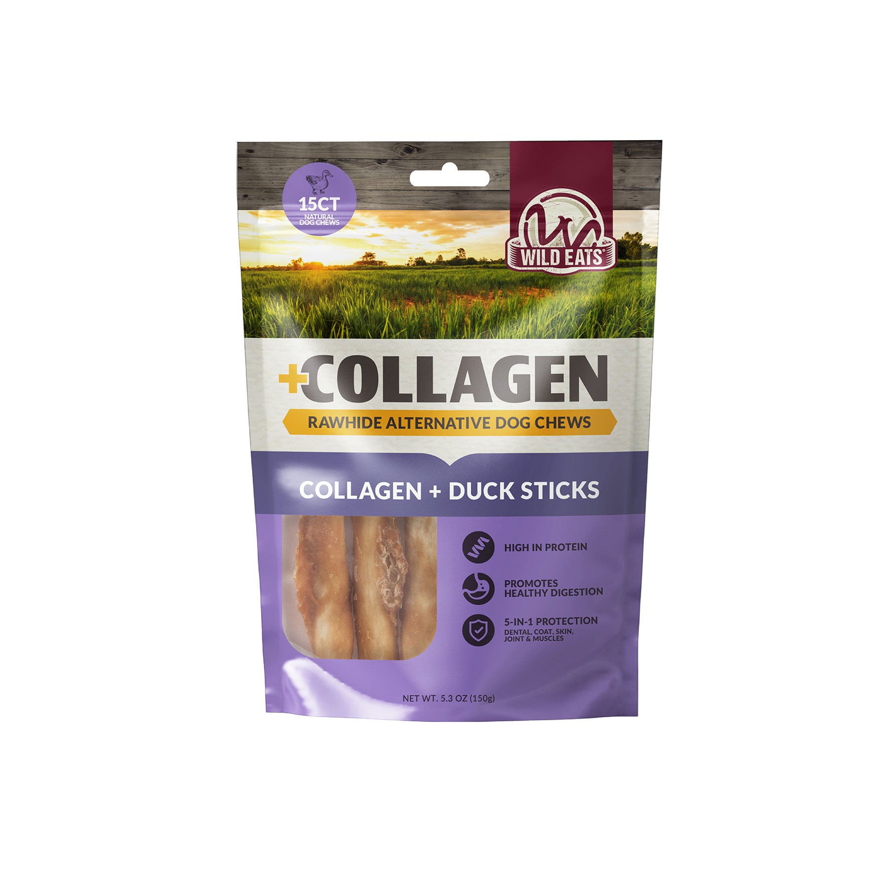 A package of Wild Eats Collagen + Duck Treats, a rawhide alternative, contains 15 sticks weighing 3.5 oz (113g). These high-protein chews support a healthy coat, protect skin, and promote digestion for your pet.