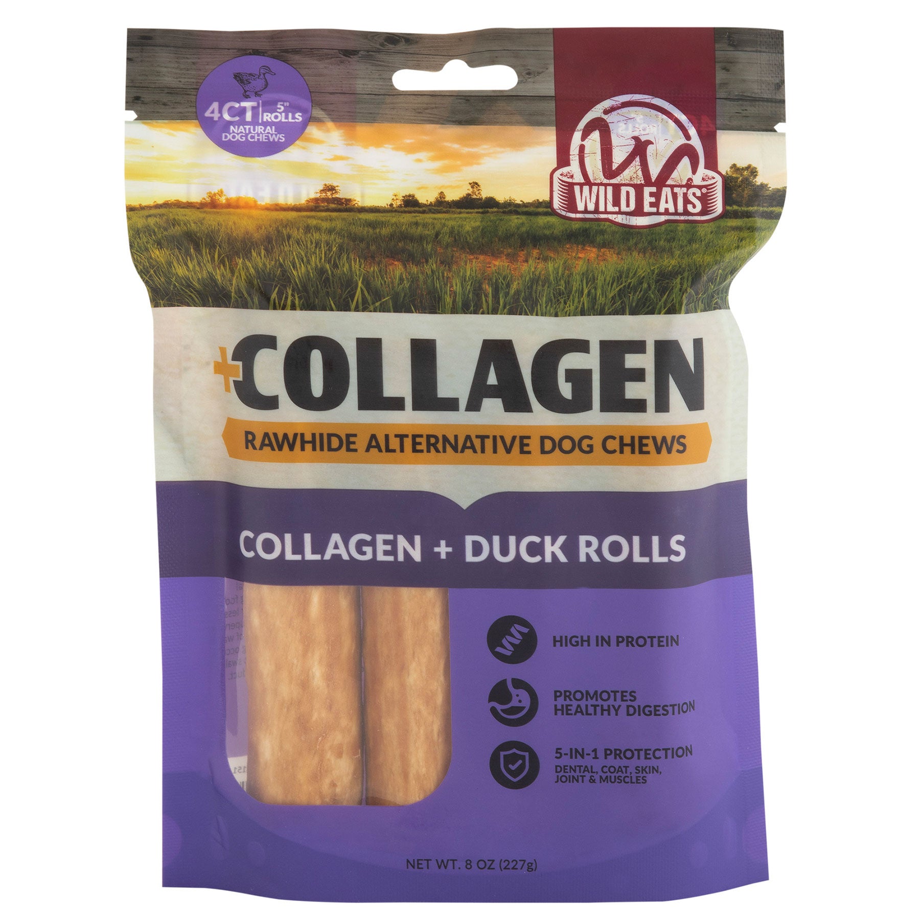 The Wild Eats Collagen + Duck Treats come in purple and white packaging, highlighting high protein content and 5-in-1 benefits: dental health, healthy coat, enhanced skin vitality, joint strength, and muscle wellness.