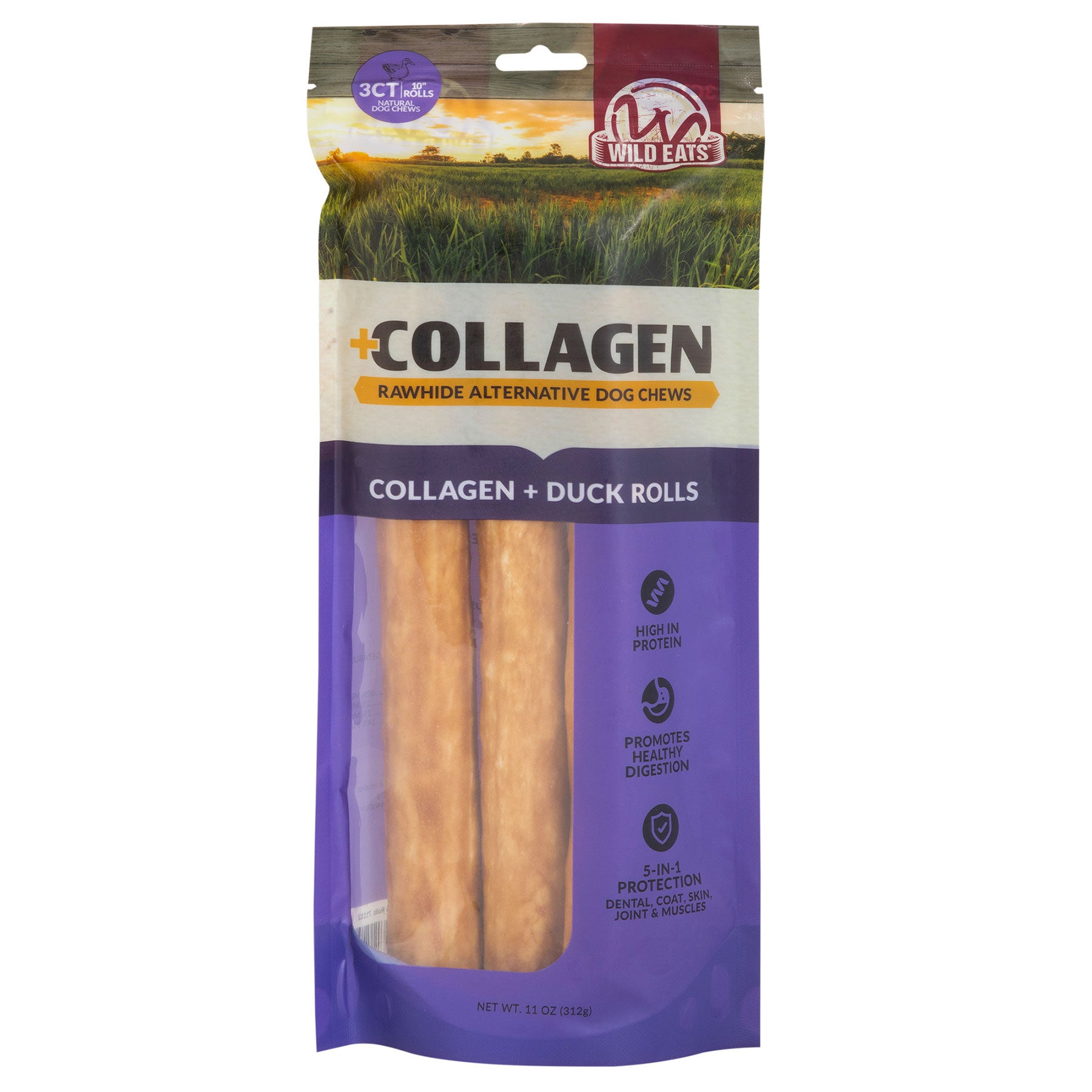 Wild Eats Collagen + Duck Treats provide premium duck flavor dog treats that are high in protein and support healthy digestion and joints. These rawhide alternatives promote a healthy coat. Net weight: 1.5 oz.