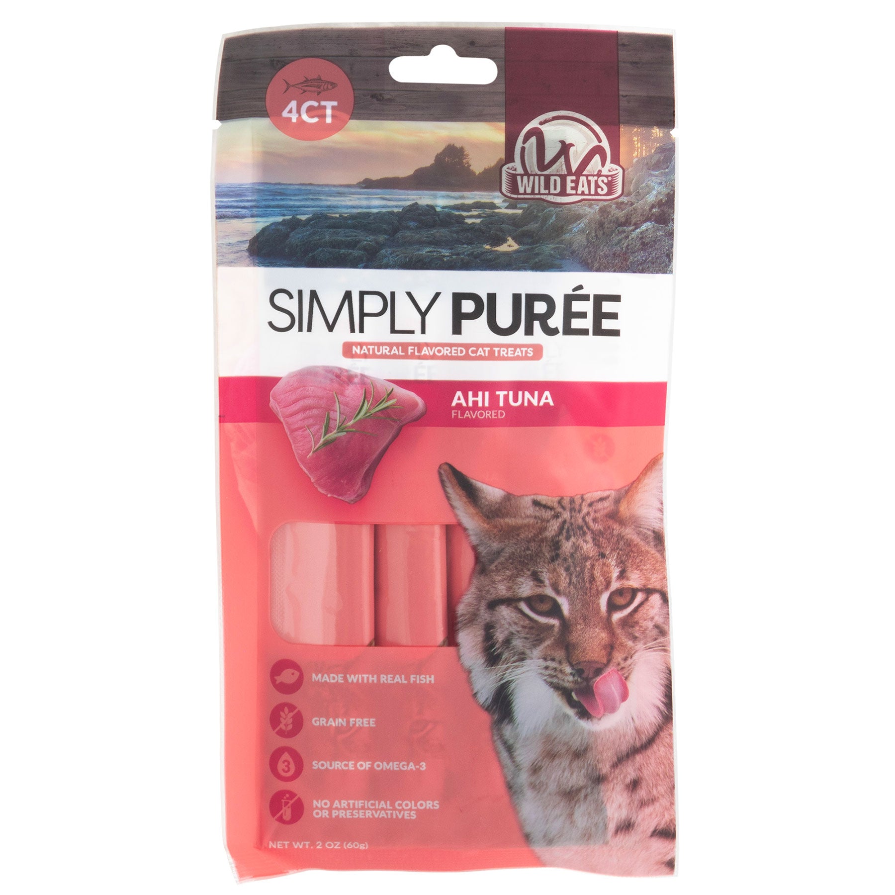 The Wild Eats Simply Puree Ahi Tuna Cat Treat comes in a pink pouch with ahi tuna and playful cat images. Made from natural ingredients and sustainably sourced fish, these Omega-3-rich, grain-free treats include four handy tubes per package.