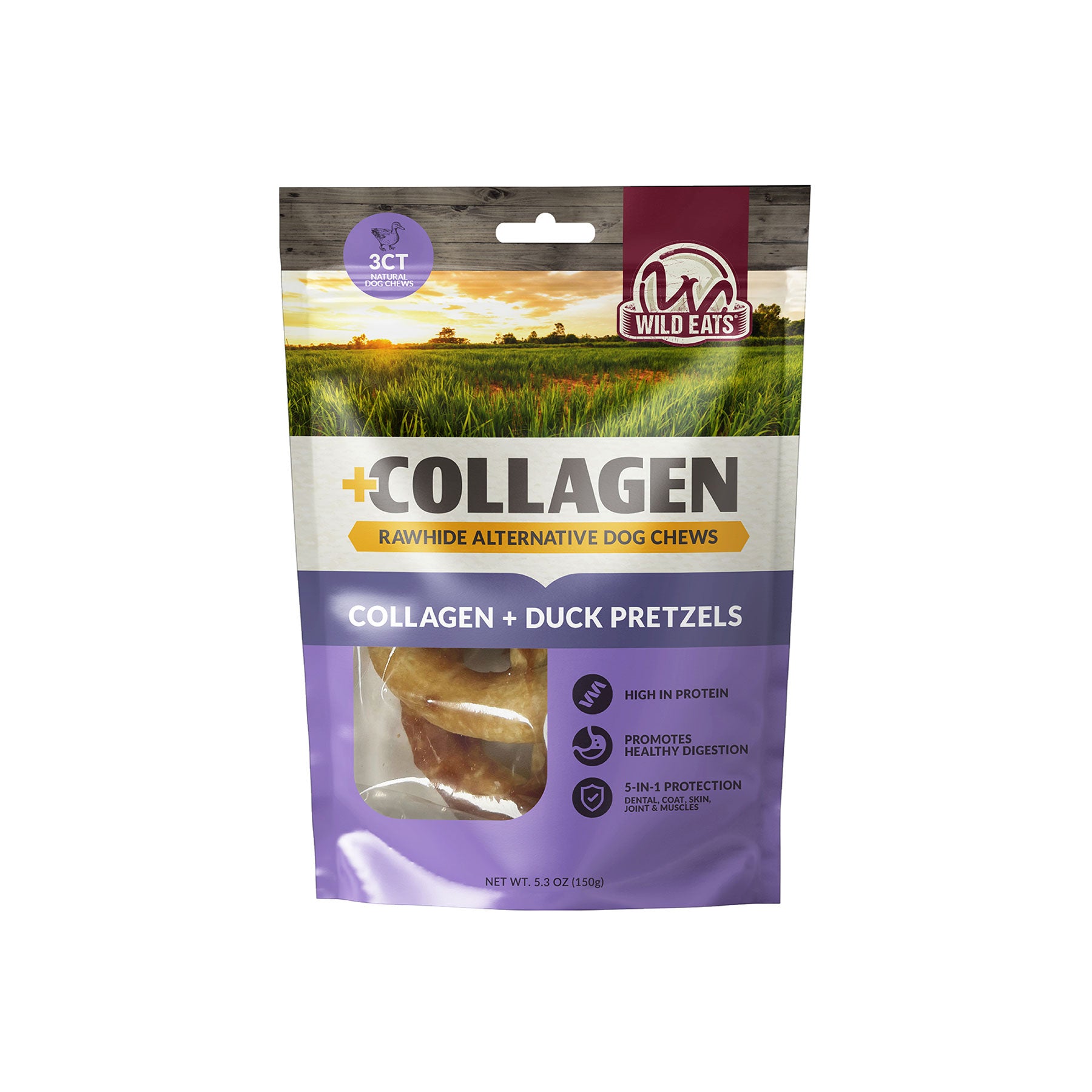 The purple package of Wild Eats Collagen Pretzel Duck Flavor Dog Treats highlights high protein, healthy digestion, and skin protection benefits alongside a farm landscape design.