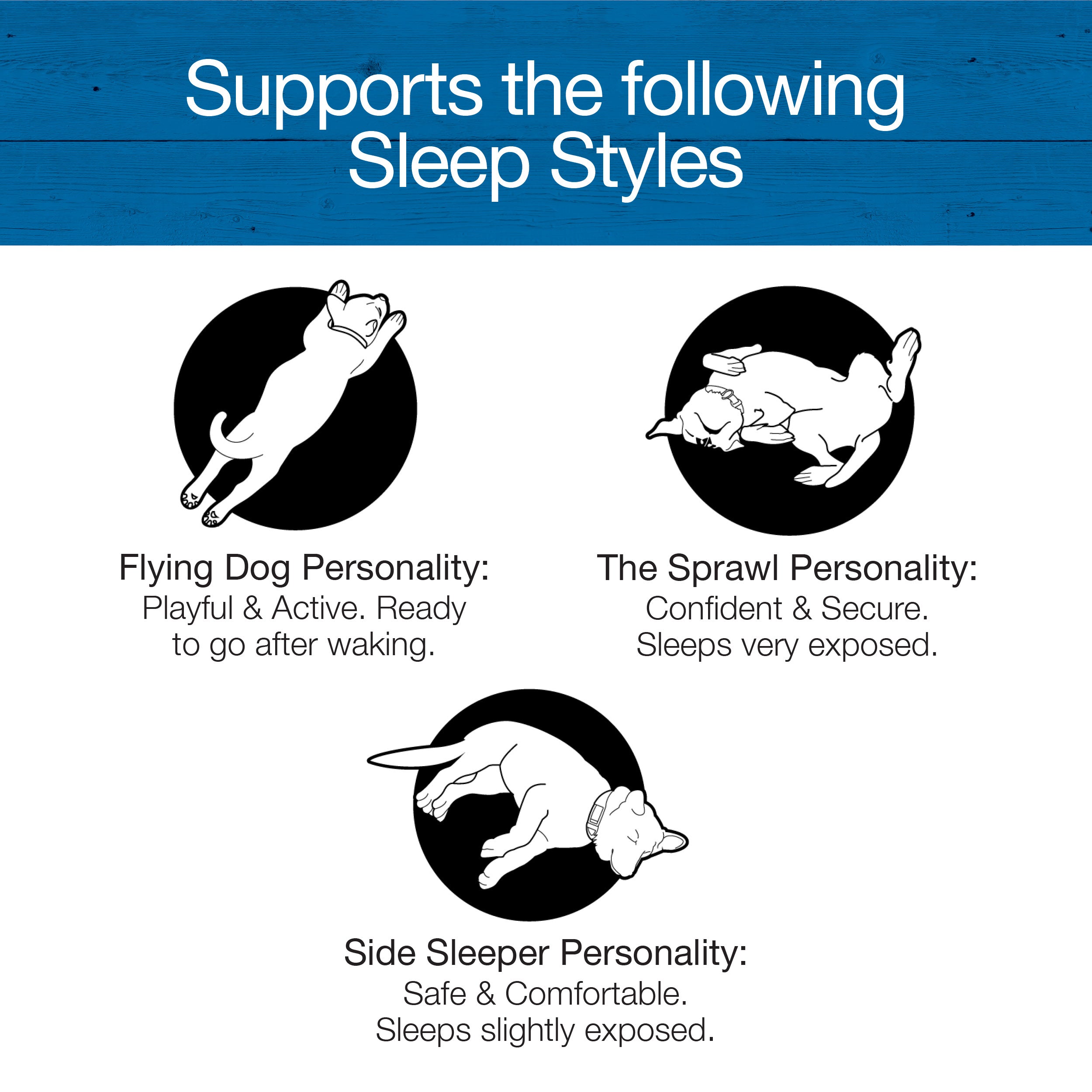 A diagram called Supports the following Sleep Styles features three dog illustrations with labels: Flying Dog Personality, The Sprawl Personality, and Side Sleeper Personality. Discover these La-Z-Boy Spencer Plaid Tucker Sofa Dog Beds for medium-sized dogs, designed for diverse sleep traits.