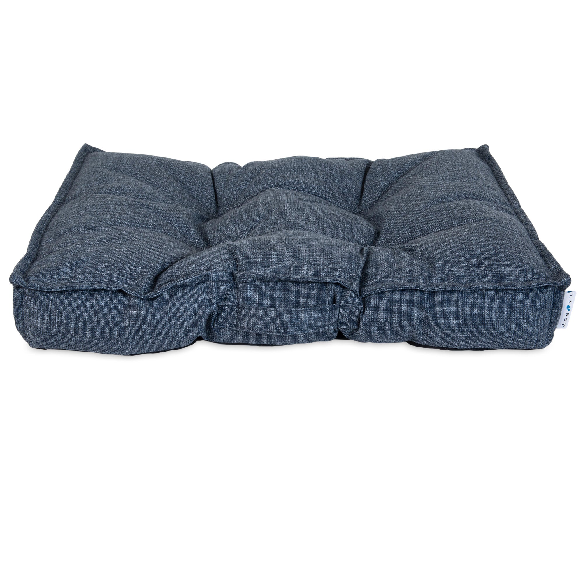 The La-Z-Boy Outdoor Millie Mattress Dog Bed is a square, dark blue, tufted cushion with a textured surface, offering comfort akin to a dog mattress. Plump with distinct raised sections like an inviting outdoor pet bed, it features a small white tag on one side.