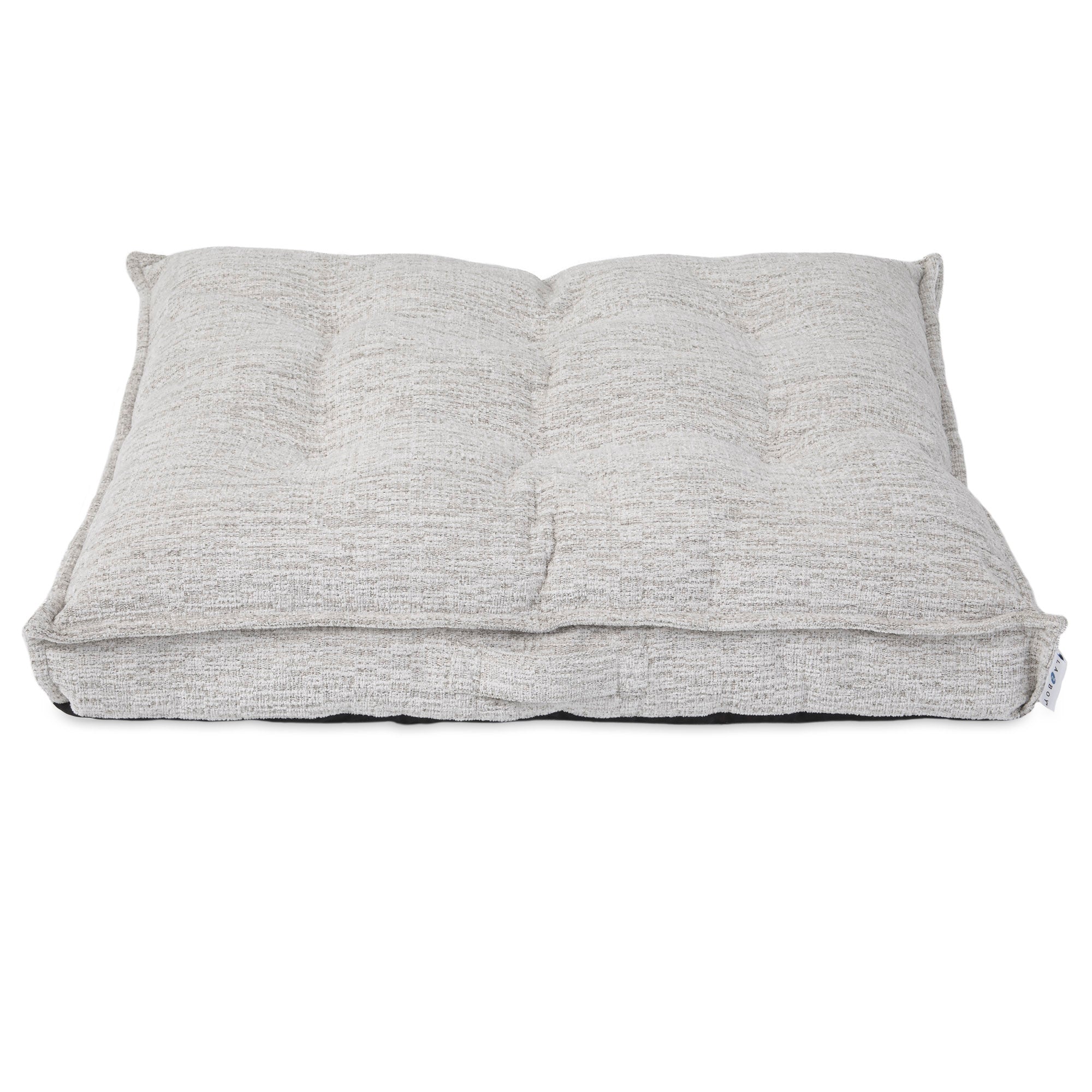 The La-Z-Boy Salt & Pepper Cooper Mattress Dog Bed features a textured, rectangular gray cushion with a tufted design on a white background and Comfort Select filling for ultimate coziness.