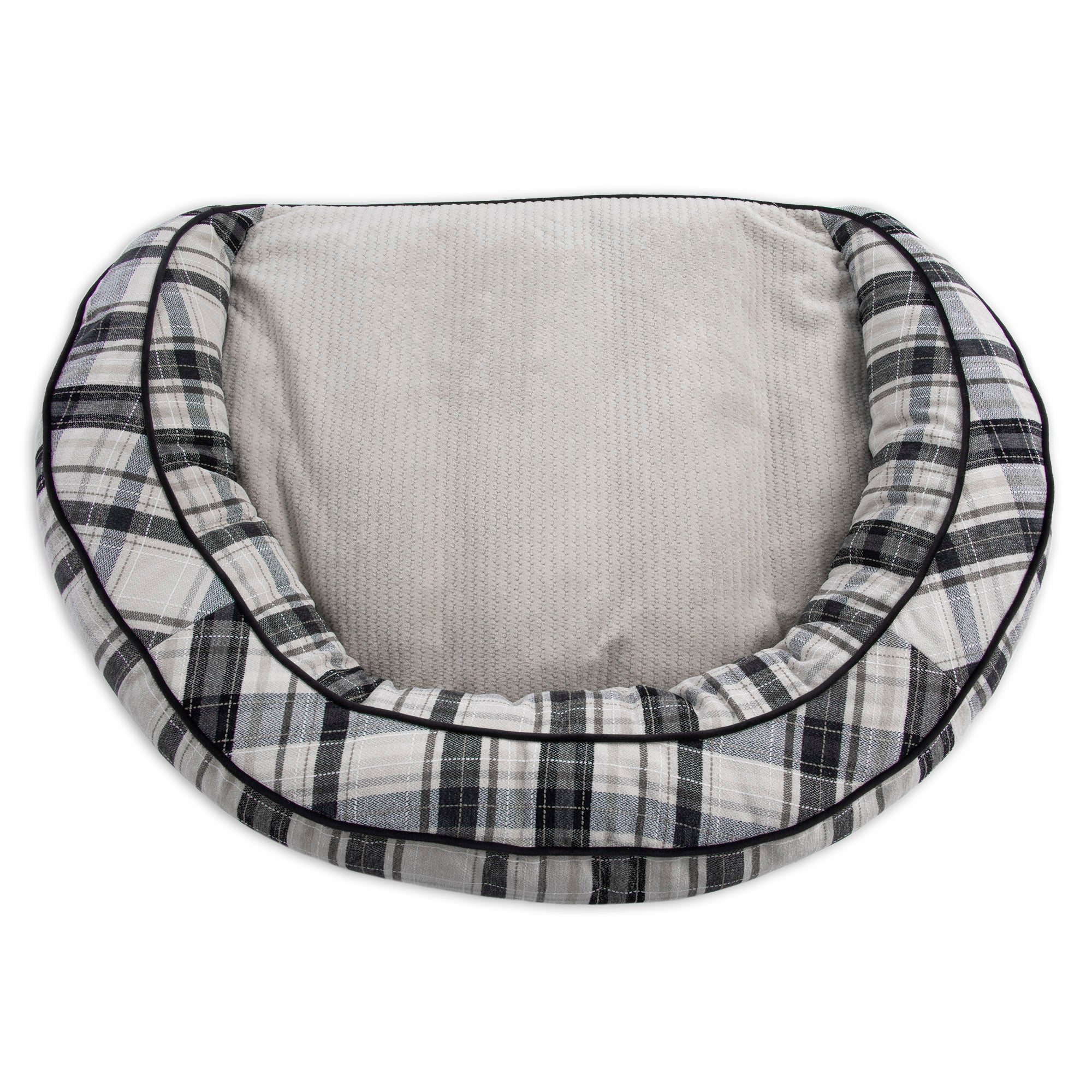The La-Z-Boy Harper Sofa Dog Bed offers a plaid design with high sides and padded interior. It features Comfort Select fiber-fill for comfort, a black, white, and gray checkered exterior against a light gray cushion, and is machine washable for easy care.