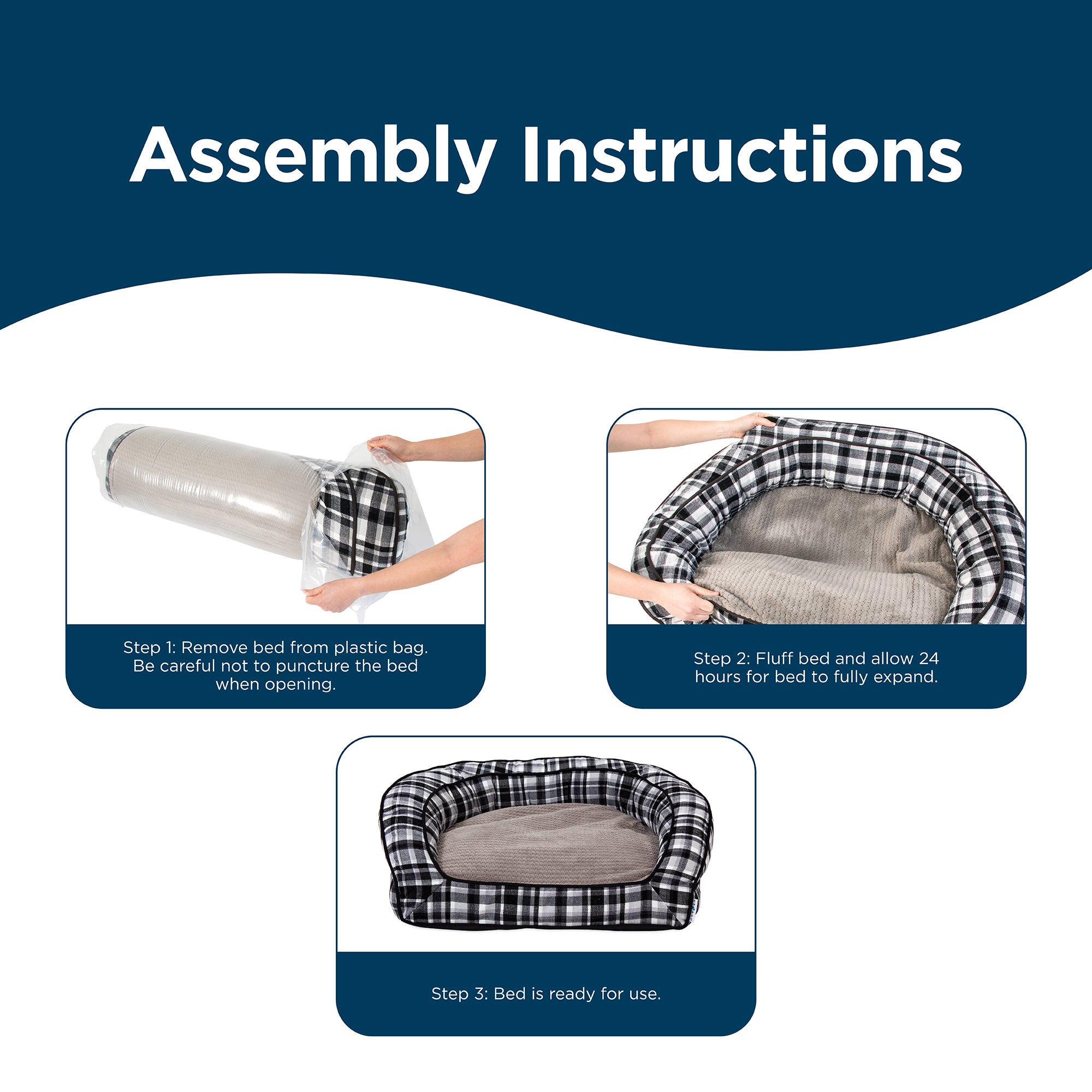 Assembly instructions for the La-Z-Boy Tucker Plaid Sofa: Step 1: Remove from plastic bag. Step 2: Fluff ComfortSelect fiberfill, allowing 24 hours to expand. Step 3: Ideal for medium-sized dogs to enjoy. Images depict these steps with a black and white plaid sofa from La-Z-Boy.