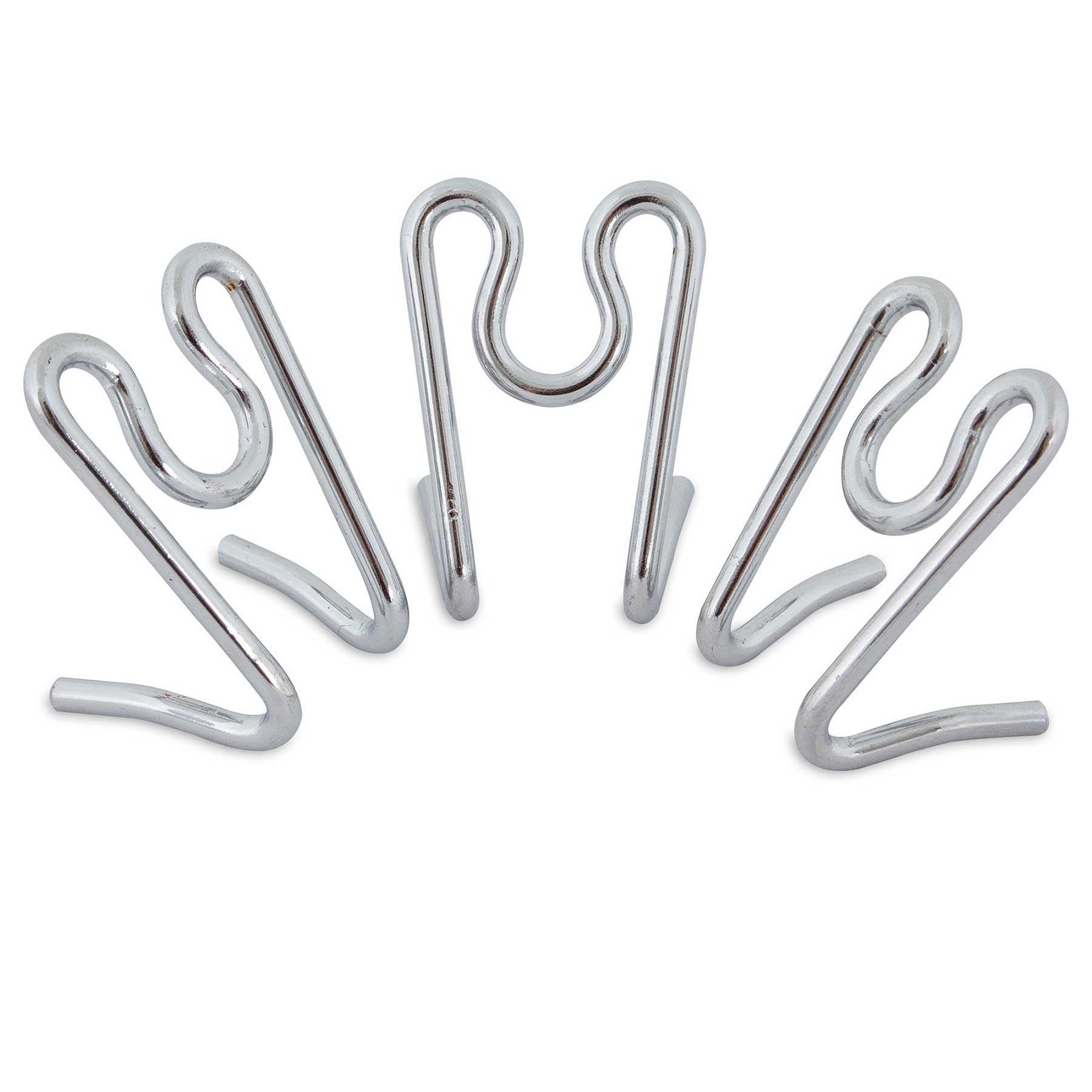 Five sleek, silver Aspen Pet Heavy Duty Prong Collar Replacement Links arranged in a semi-circle on a white background echo modern pet accessory elegance with their minimalist, wavy S-shape that reflects light beautifully.