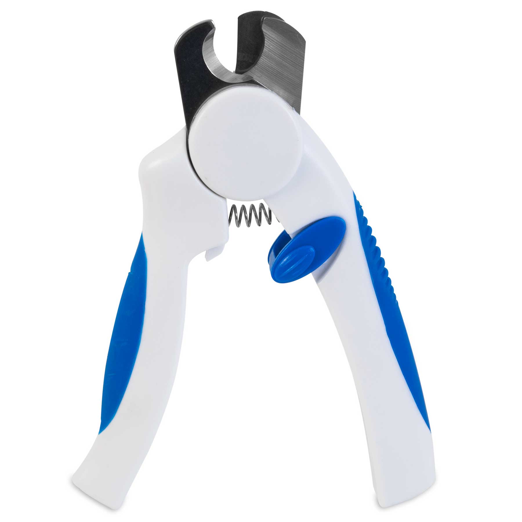 Introducing JW Small Dog Nail Clippers: sleek white and blue clippers with a stainless-steel curved blade. They include a spring mechanism, safety lock, and non-slip blue grips for comfort, perfect for pet grooming!.