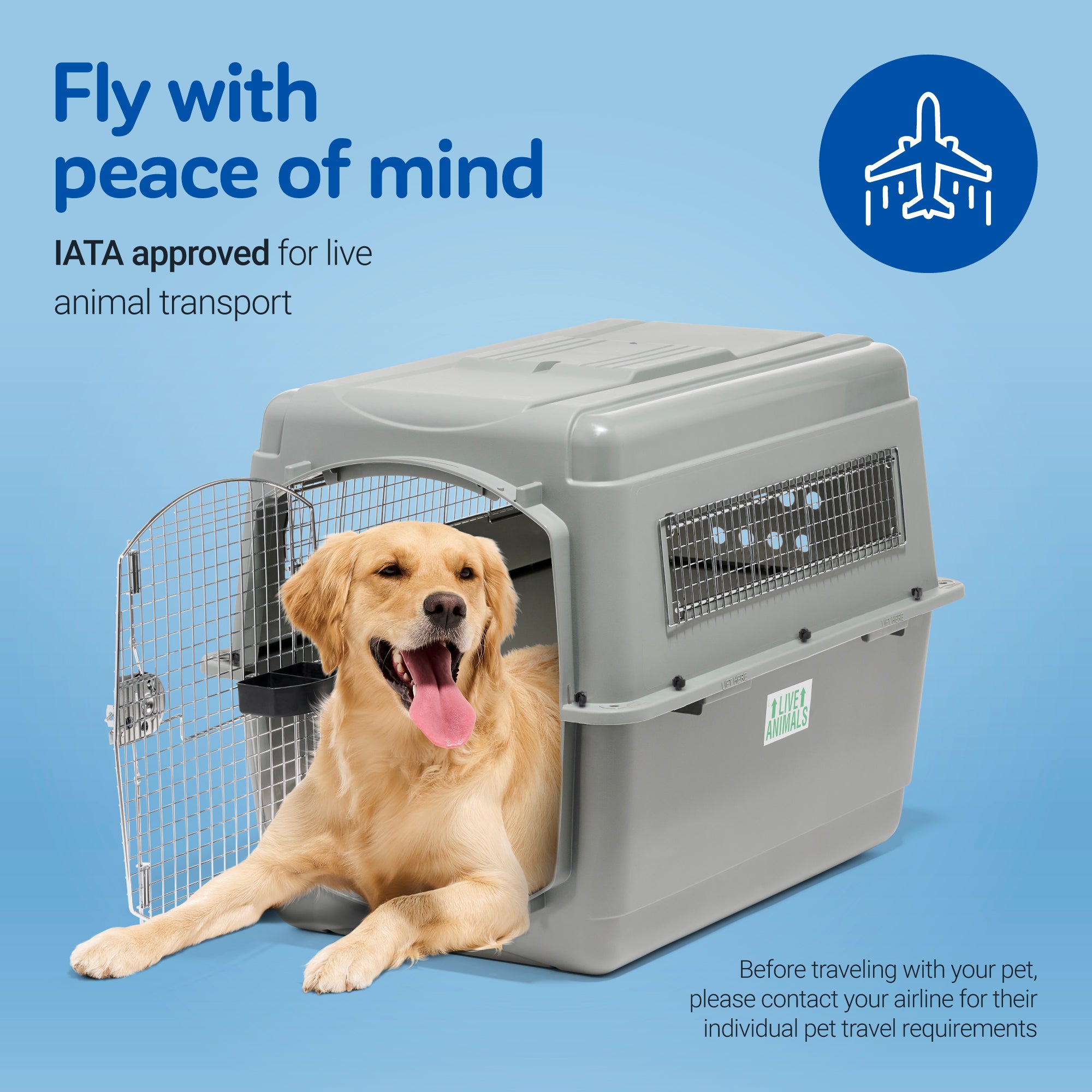 A golden retriever cozily sits in a gray Pet-mates Sky Kennel, accompanied by text: Fly with peace of mind, emphasizing IATA approval for live animal transport. It also advises checking airline cargo pet travel specs and features an airplane icon at the top right.