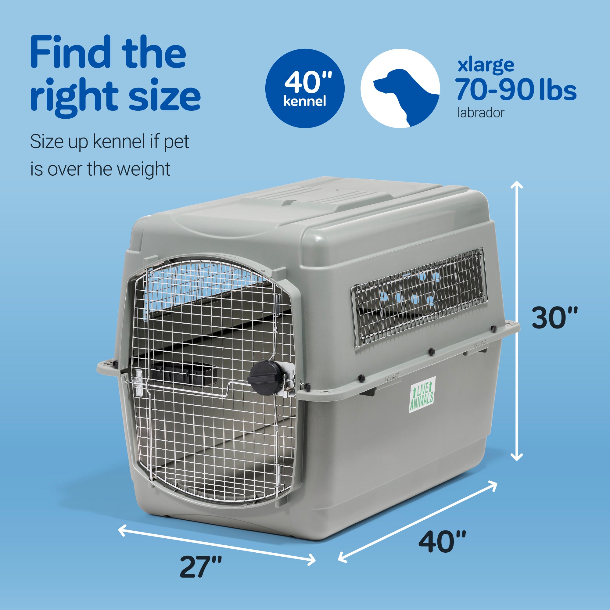 Set against a blue background, the large gray Pet-mates Sky Kennel by Pet-mates measures 40 L x 27 W x 30 H. Its suitable for a 70-90 lbs Labrador and complies with airline cargo specs. Choose a larger size if your pet weighs more than the limit.