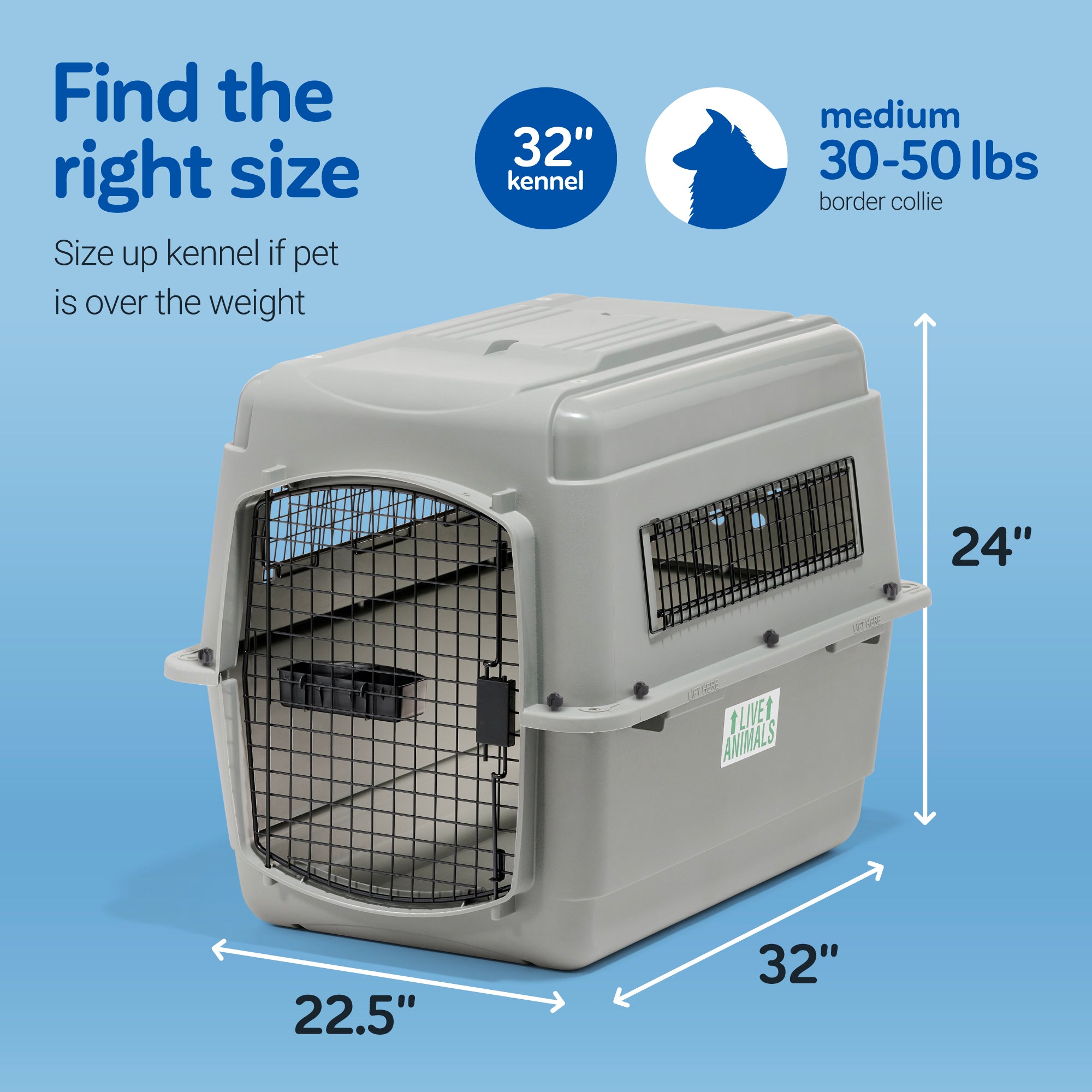 The image displays a Pet-mates Sky Kennel with a gray body and black metal door, measuring 32 long and 24 tall, ideal for pet travel. Suitable for pets over 30-50 lbs, like medium Border Collies. Its airline cargo specifications stand out against the blue background.