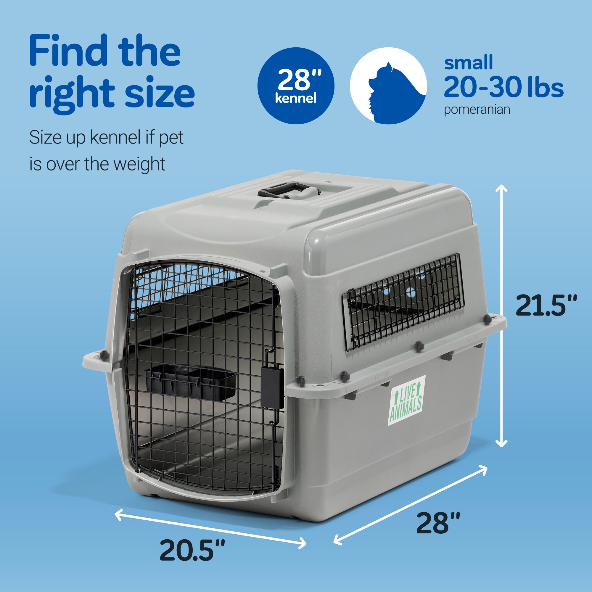 The Pet-mates Sky Kennel, in gray, conforms to airline cargo requirements with dimensions of 20.5 W x 21.5 H x 28 D. Its ideal for small pets (20-30 lbs) like a Pomeranian and features a blue background with highlighted text detailing its features—perfect for pet travel.