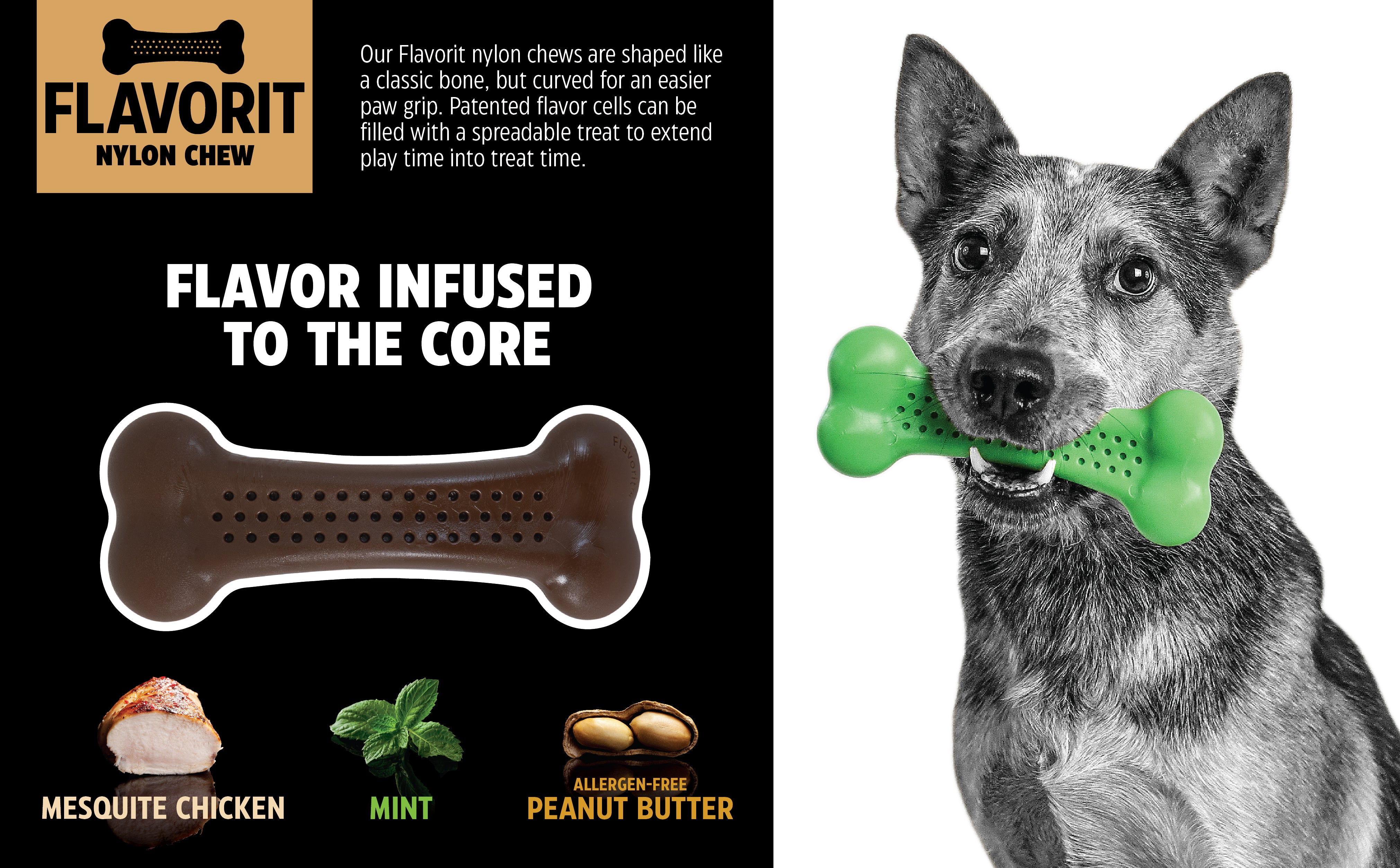 A dog grips a green BarkBone infused with delicious centers. On the left, a brown Barkbone Natural Instincts Mesquite Chicken Flavorit Nylon Dog Chew appears, showing enticing flavors: mesquite chicken, mint, and peanut butter—a testament to the superb quality of these chews for your pups delight.