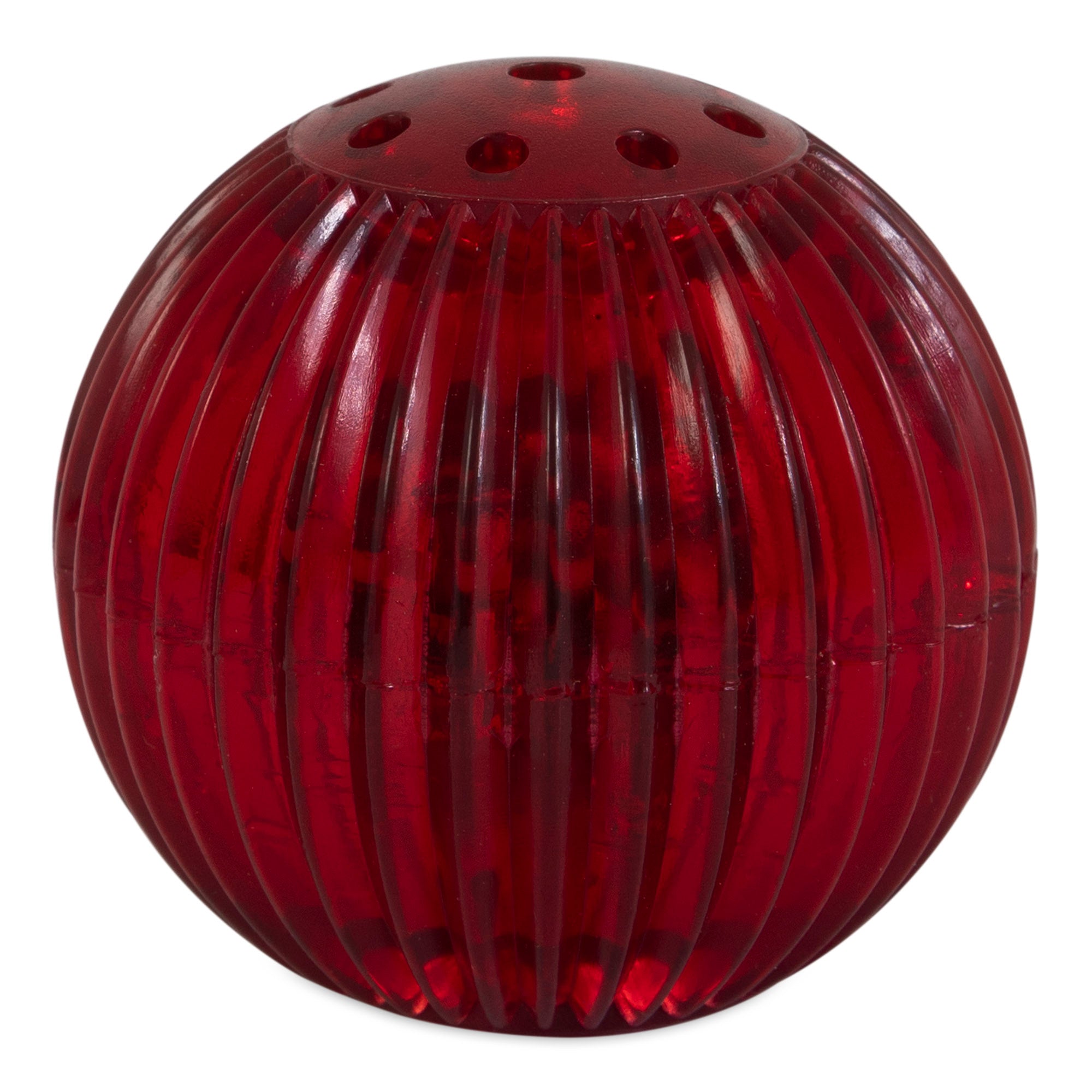 The Pet Qwerks Blinky Babble Ball by Petqwerks is a round, red plastic air freshener featuring vertical ridges and top holes, designed with high-impact ABS for durability.