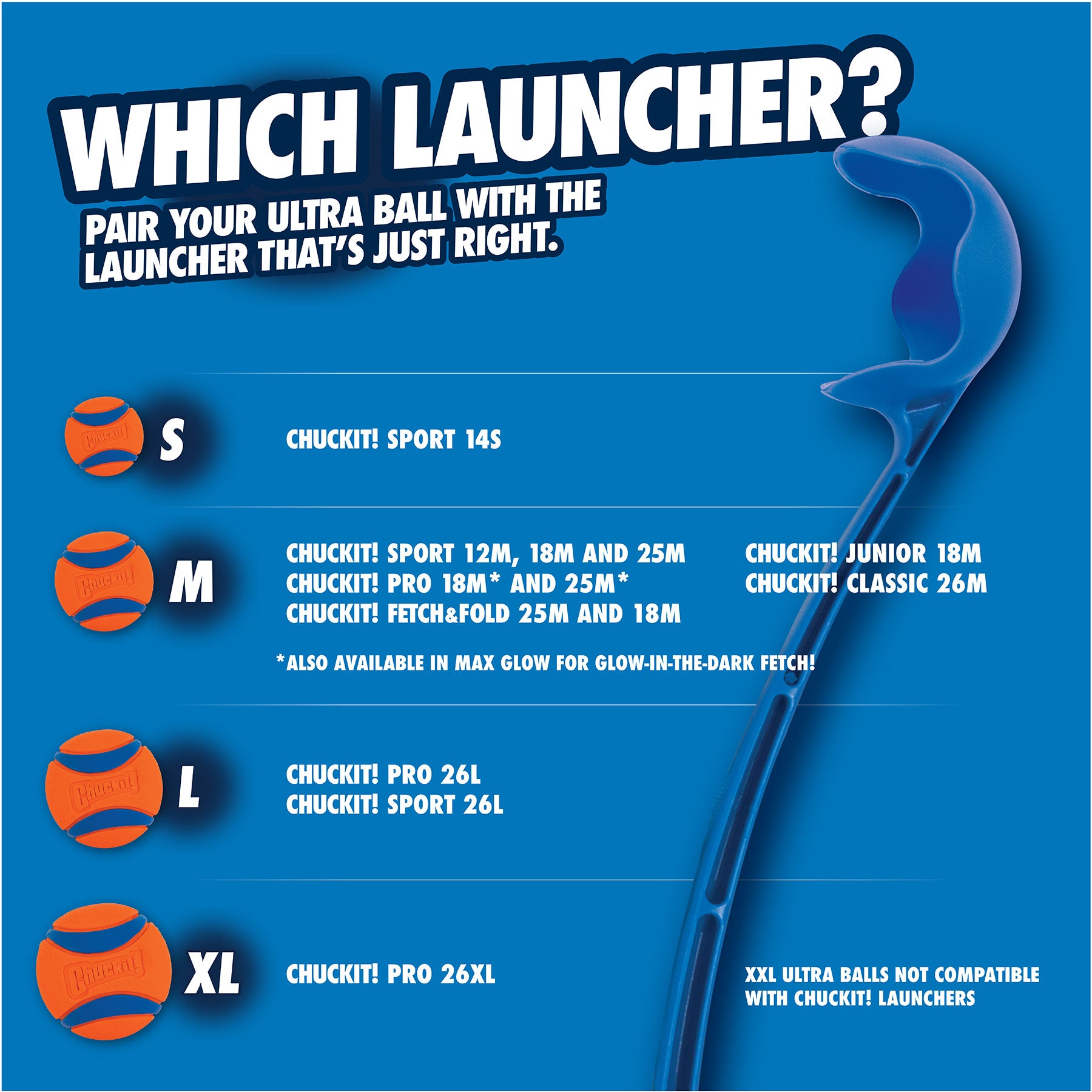 Graphic features Chuckit! launchers with compatible Ultra Balls in sizes S, M, L, and XL. A curved launcher appears on the right; XXL balls arent compatible. Made from durable rubber for lasting fun. Product: Chuckit! Bacon Sniff Fetch Ball by Chuckit.