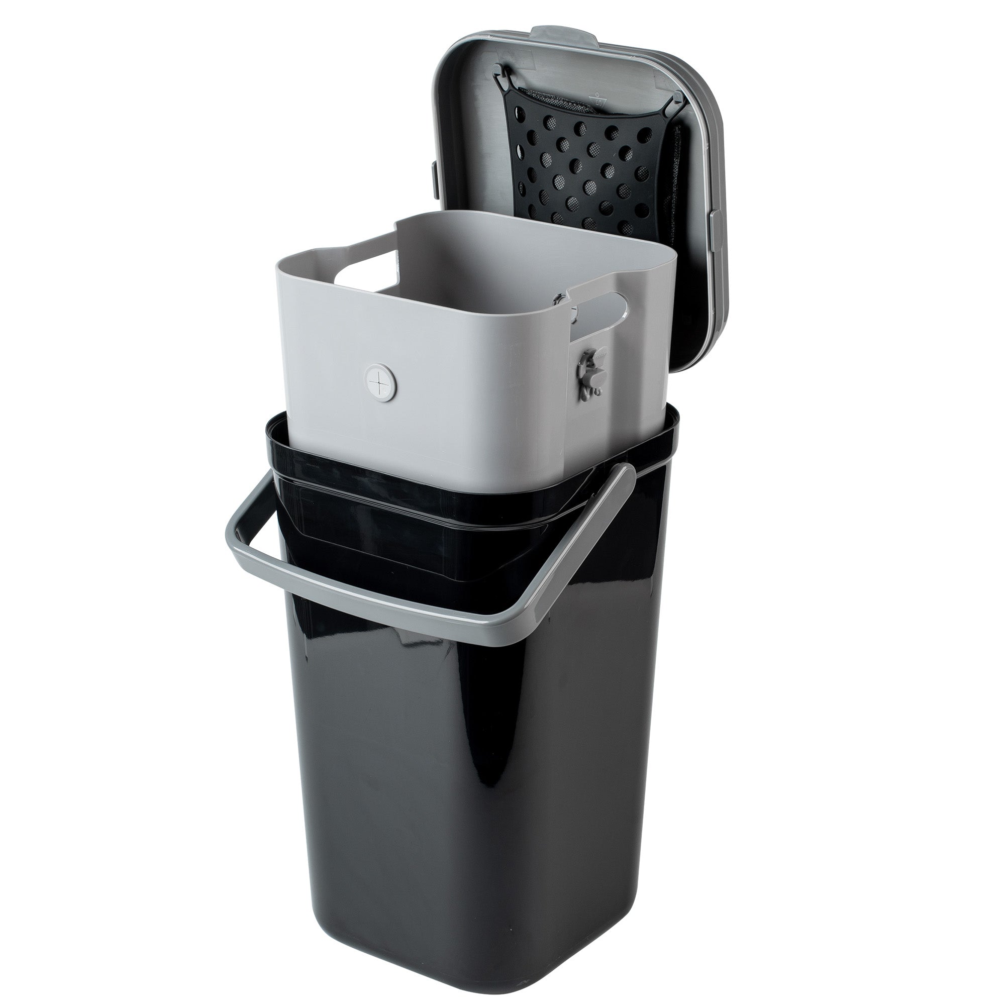 PetFusions Portable Outdoor Pet Waste Disposal System by Pet Fusion features a black square bin with an open grey lid, ideal for pet waste. It includes a removable grey inner container with a handle for easy lawn clean-up and has a textured underside.