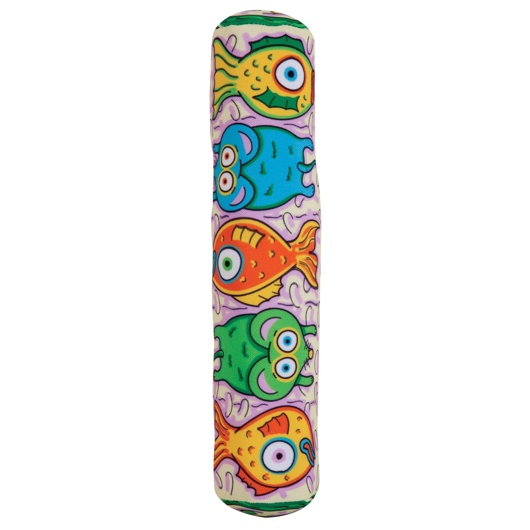 Discover the FAT CAT Kitty Kickz Gold Fish Roll Cat Toy by Fatcat, a vibrant cylinder featuring cartoonish fish designs in orange, blue, and green on a light background. Infused with organic catnip, these playful fish are perfect for endless feline fun.