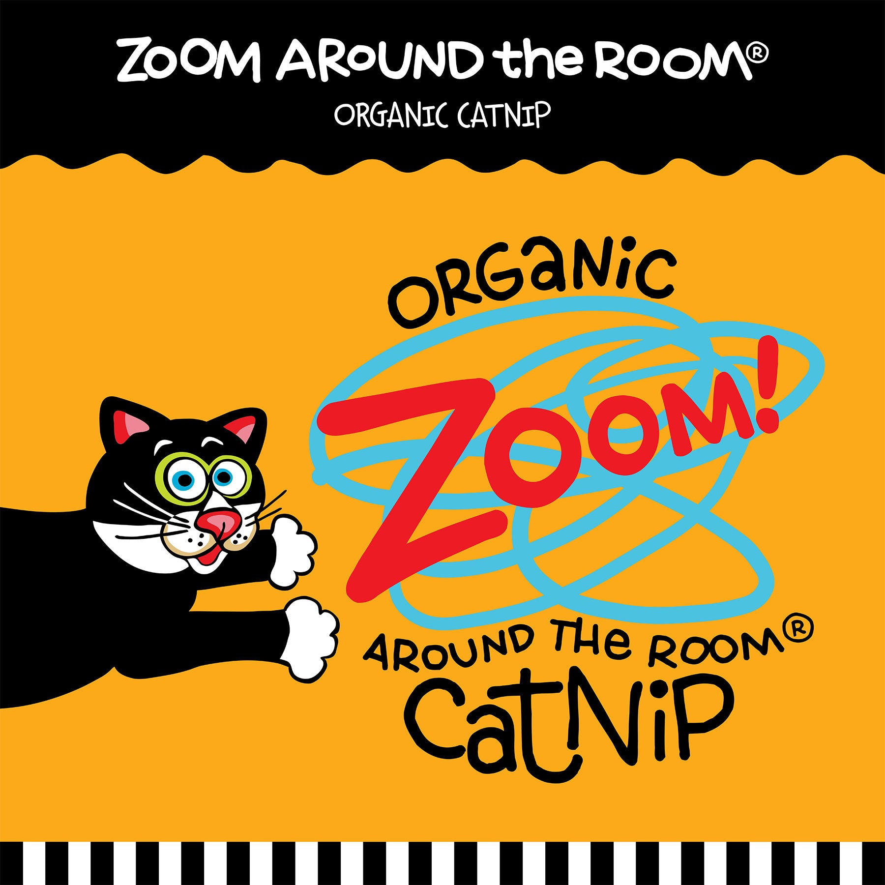 A black cat with green eyes peeks from the left on an orange background. The text reads Fatcat Classic Springy Worms Cat Toy with colorful swirls around it, enticing cat psychology and playful exploration.