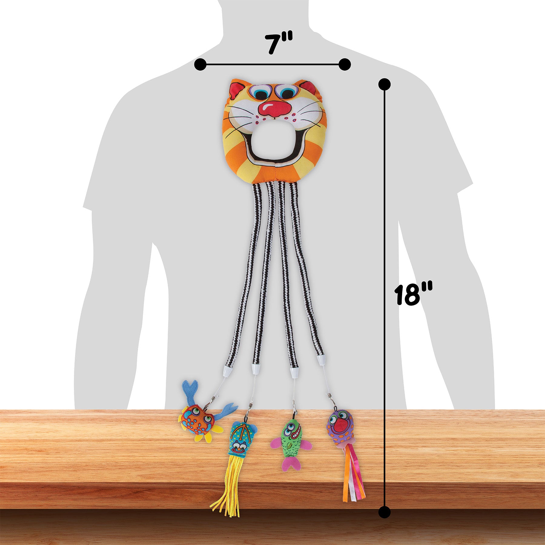 The FAT CAT Catfisher Doorknob Hanger by Fatcat is a colorful cat-shaped wall decor with a striped pattern. It measures 7 inches wide and has five dangling cords with fish and tassel ornaments extending 18 inches, ideal for Kitty Lures to captivate from any tabletop.