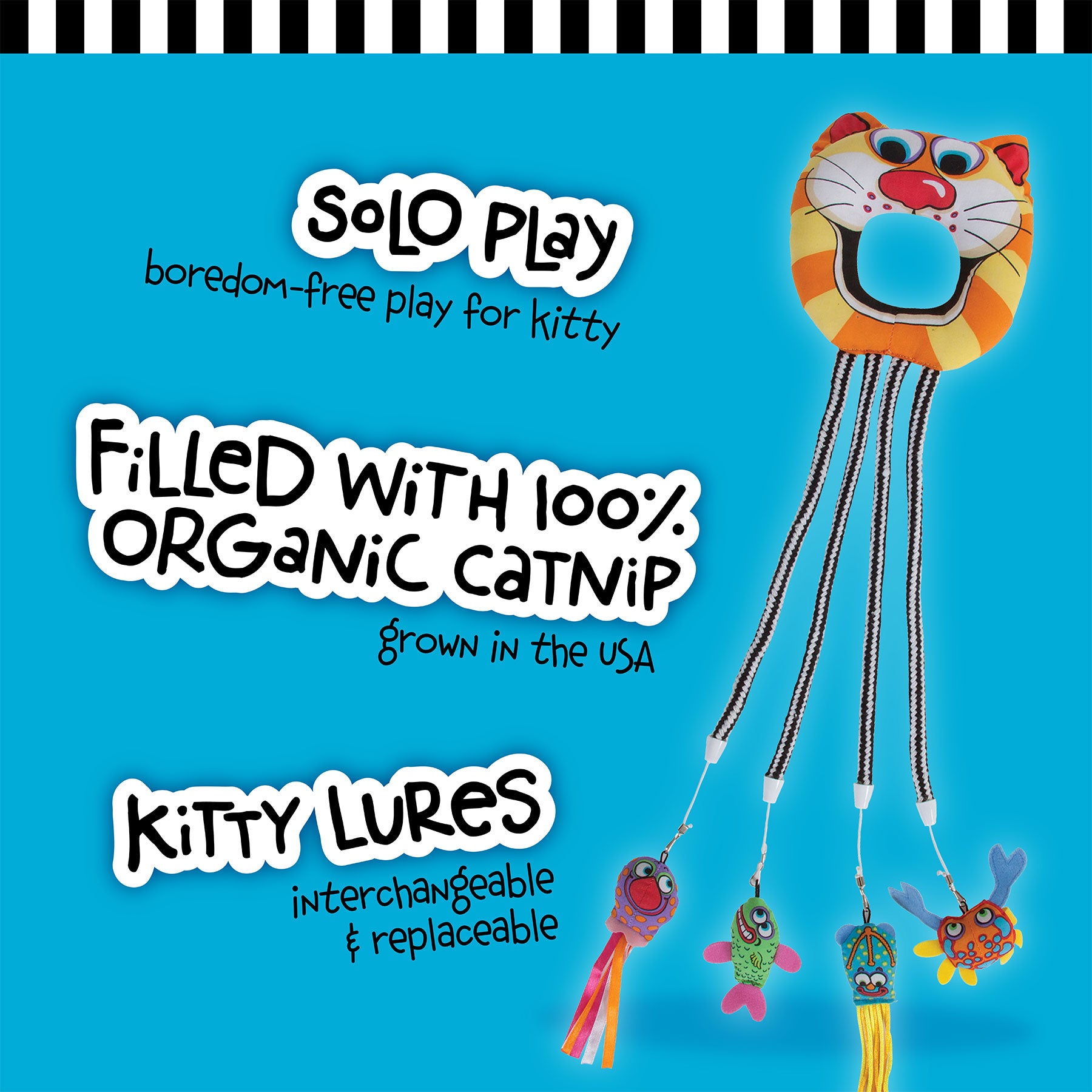 The FAT CAT Catfisher Doorknob Hanger by Fatcat is a cat toy with a tiger face and long striped ropes ending in fish and peace symbols. Designed for solo play, its filled with 100% organic catnip, featuring interchangeable kitty lures.