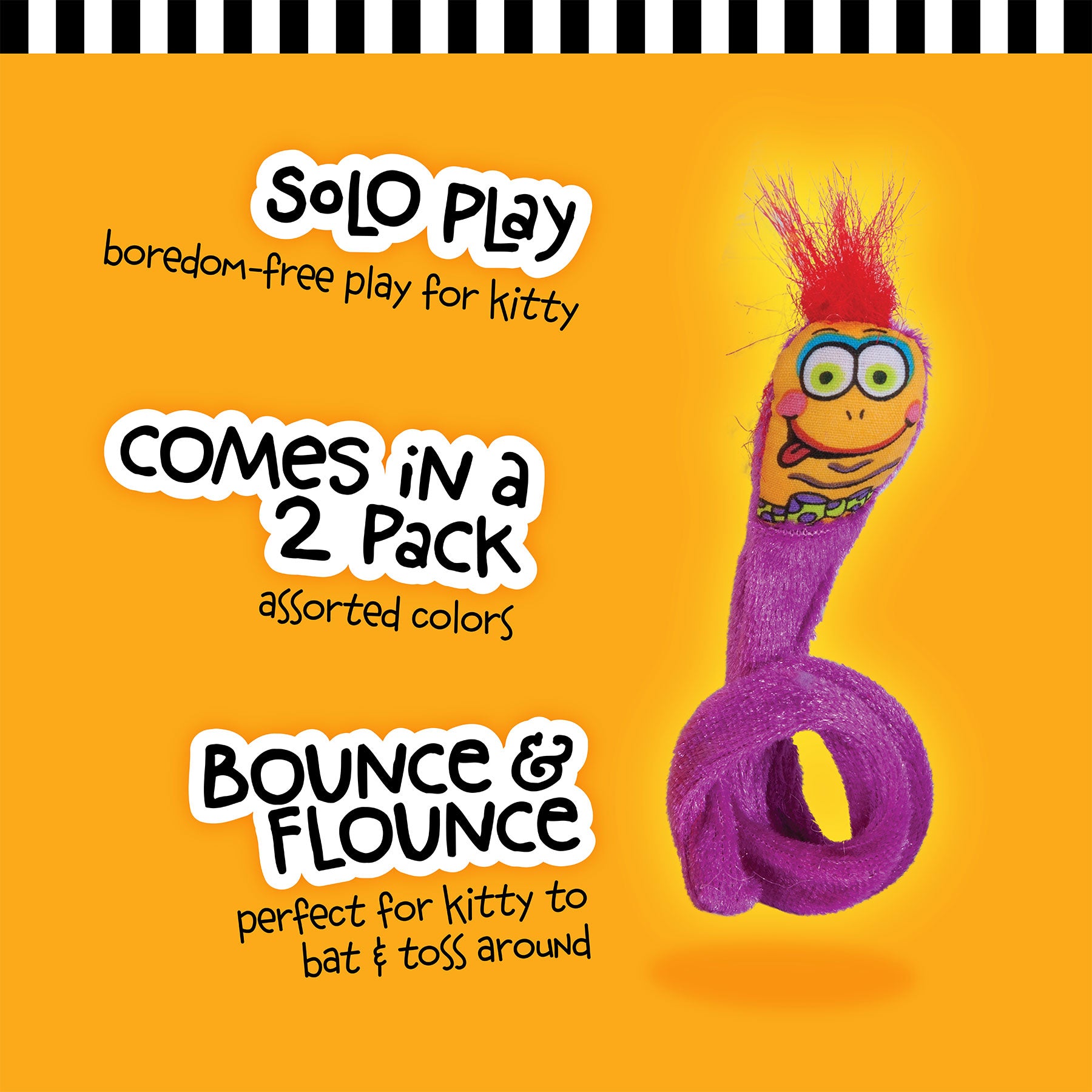 A promotional image of the FAT CAT Classic Springy Worms Cat Toy by Fatcat against a bright orange background. This fuzzy, purple, spiral-shaped toy with cartoon faces caters to cat psychology, promoting solo play. It comes in a 2-pack and includes organic catnip for added excitement.