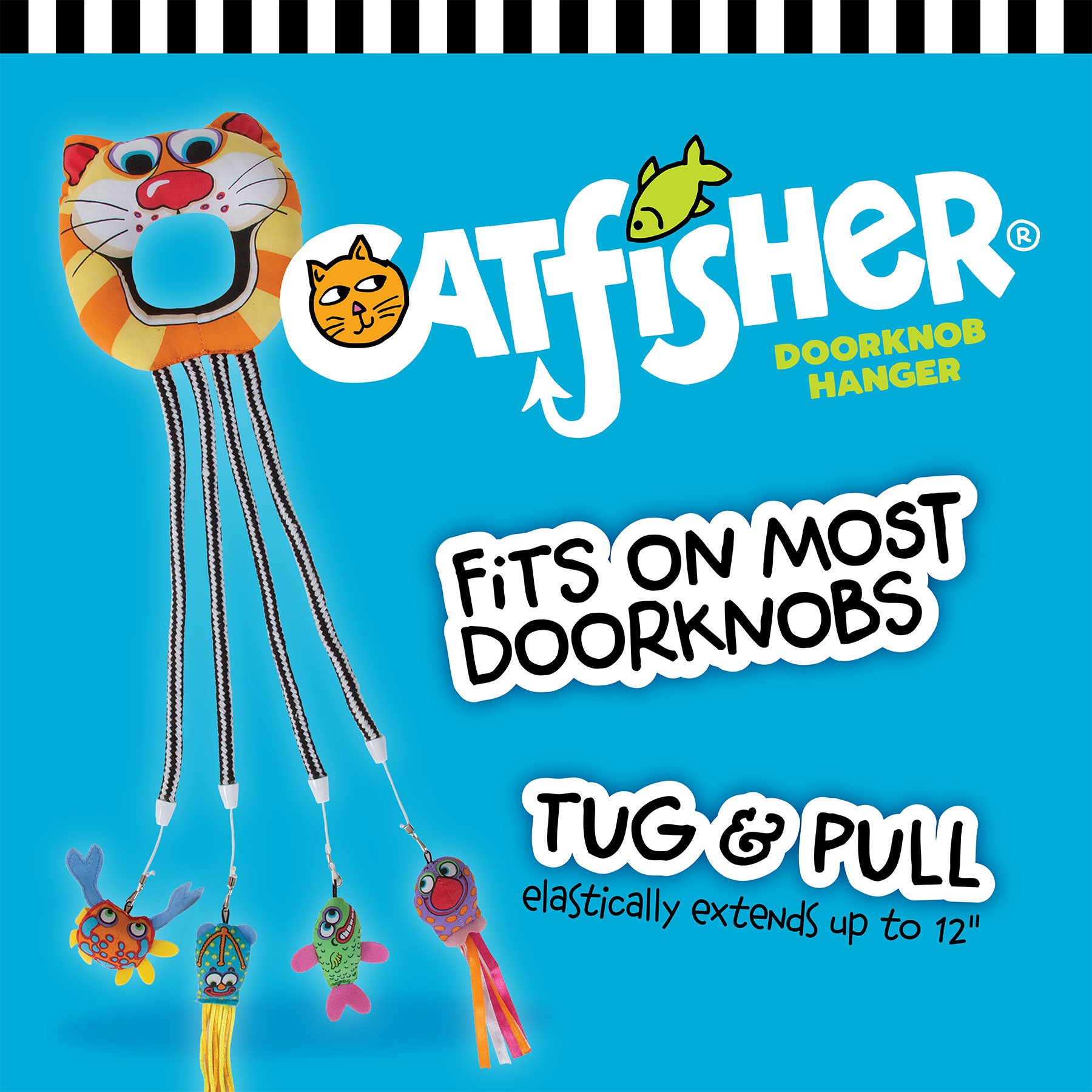 Blue promo image for FAT CAT Catfisher Doorknob Hanger by Fatcat features a tiger-shaped ring with dangling fish toys filled with organic catnip. Text: Fits on Most Doorknobs, Tug & Pull, and Elastically extends up to 12 inches. Perfect kitty lure for endless fun!.