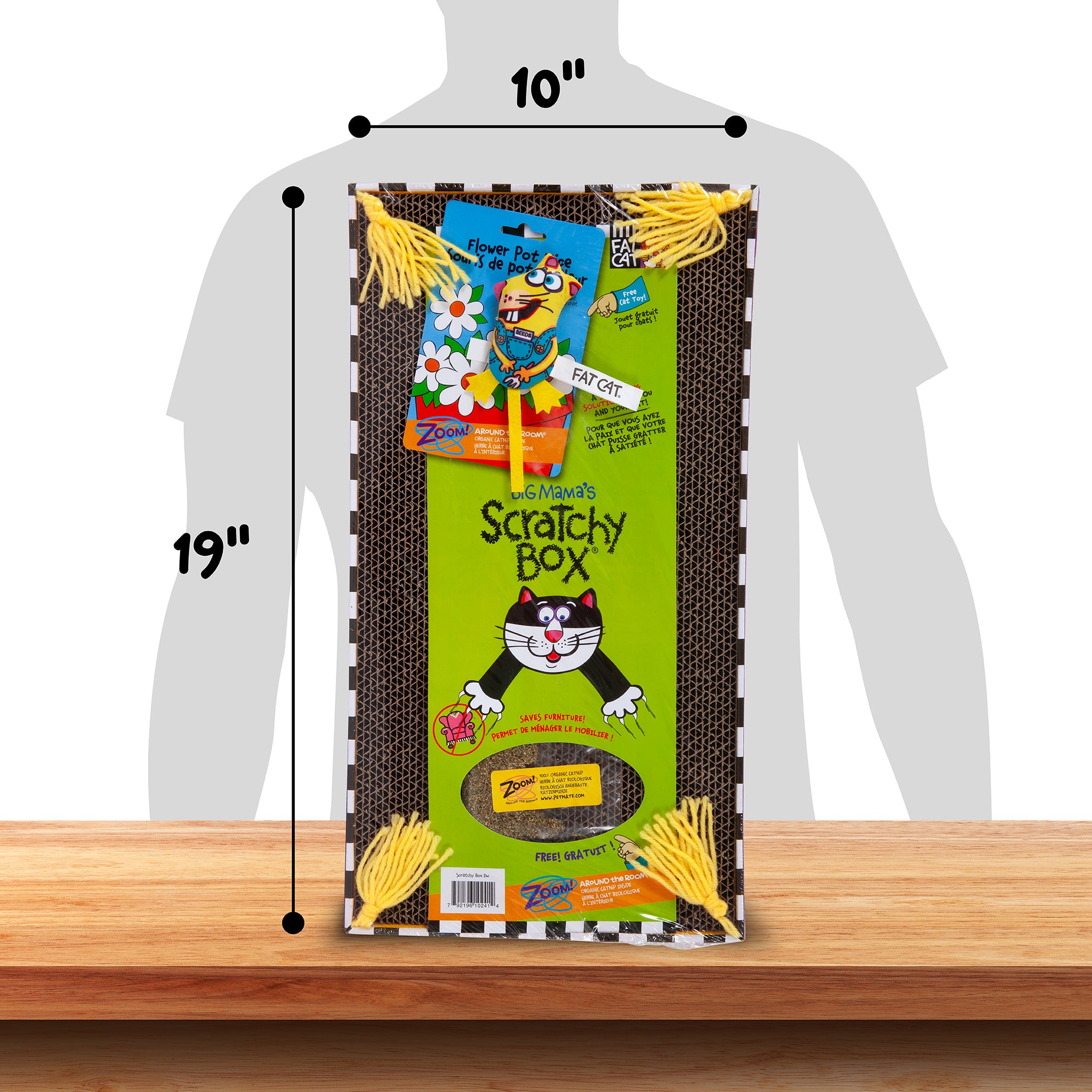 The Fatcat Big Mamas Scratchy Box Double Wide is a 19 tall, 10 wide cat scratcher featuring a cartoon cat with a flower pot design. It includes organic Flower Power Nip for Puss catnip and promises recyclable fun for feline friends.