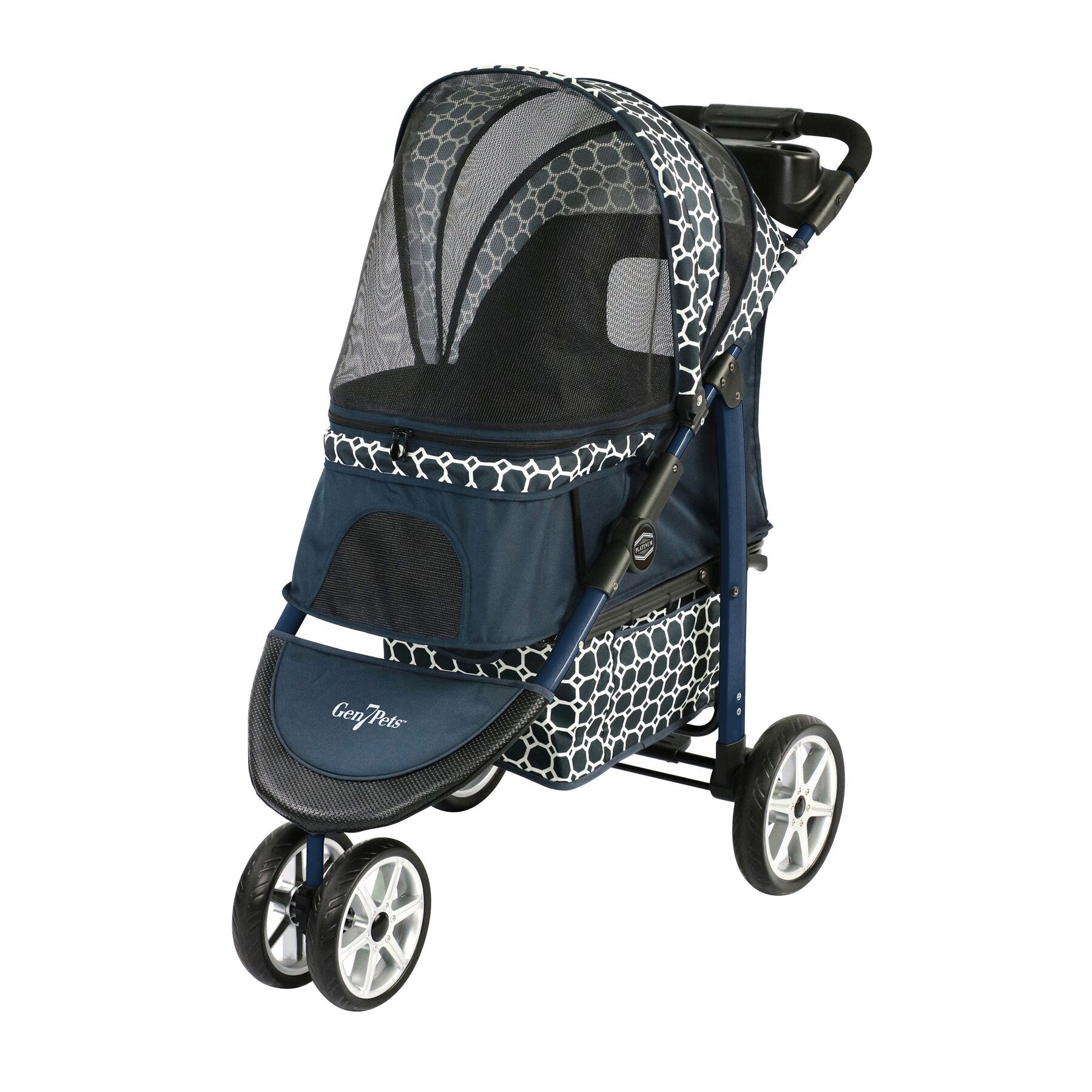 The Gen7Pets Monaco Dress Blue Pet Stroller from Gen7 boasts a stylish honeycomb pattern with a Smart-Zipper Canopy, four shock-absorbing Smart-Wheels, a mesh cover, padded handle, bottom storage compartment, and the Gen7Pets tag on the front footrest.