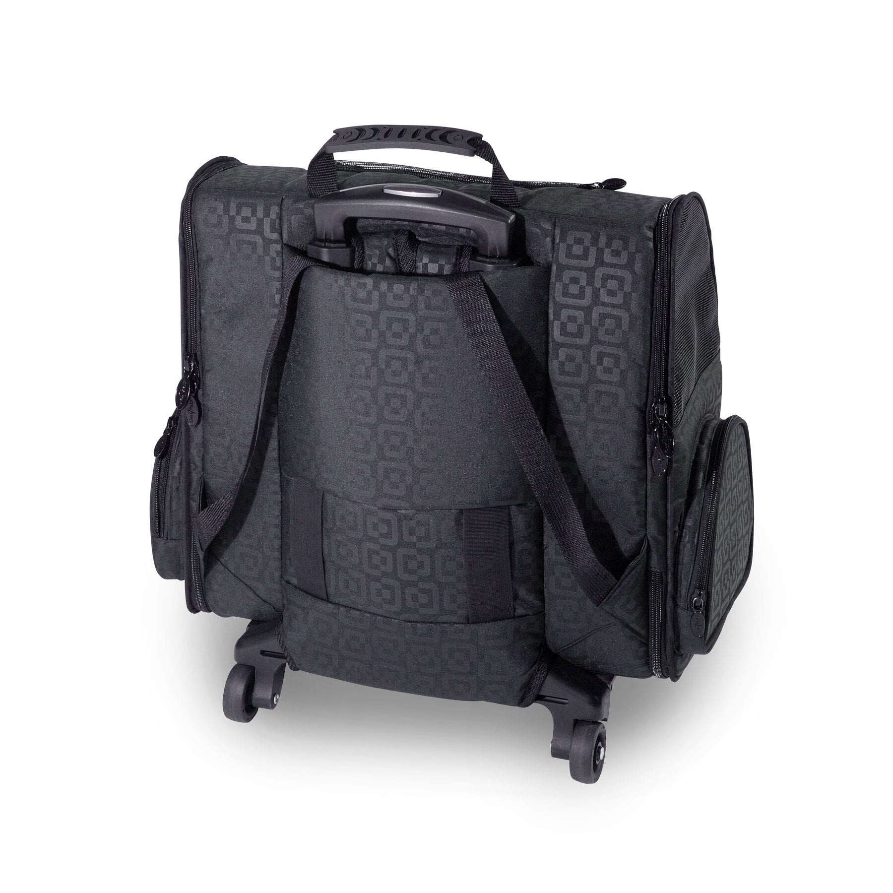 The Gen7Pets Black Geometric Roller-Carrier by Gen7 is a versatile suitcase with wheels, a retractable handle, and shoulder straps. It features multiple zippered compartments on the sides and front for convenient storage.