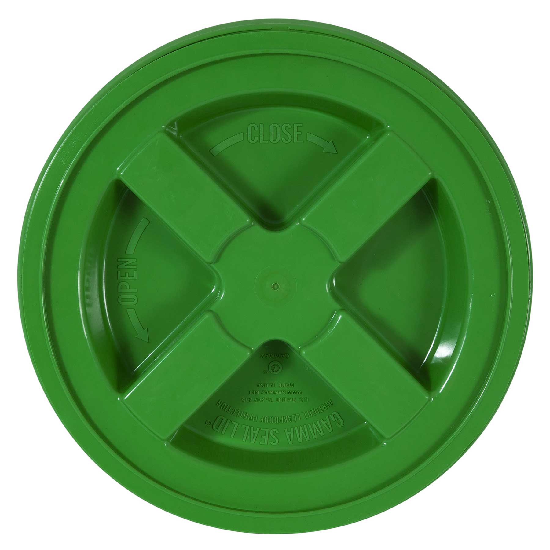 The Gamma2 GAMMA Seal Lids are made from BPA-free HDPE plastic, featuring a green screw-on design with cross-shaped grooves. OPEN and CLOSE labels with arrows ensure an airtight seal for secure storage.