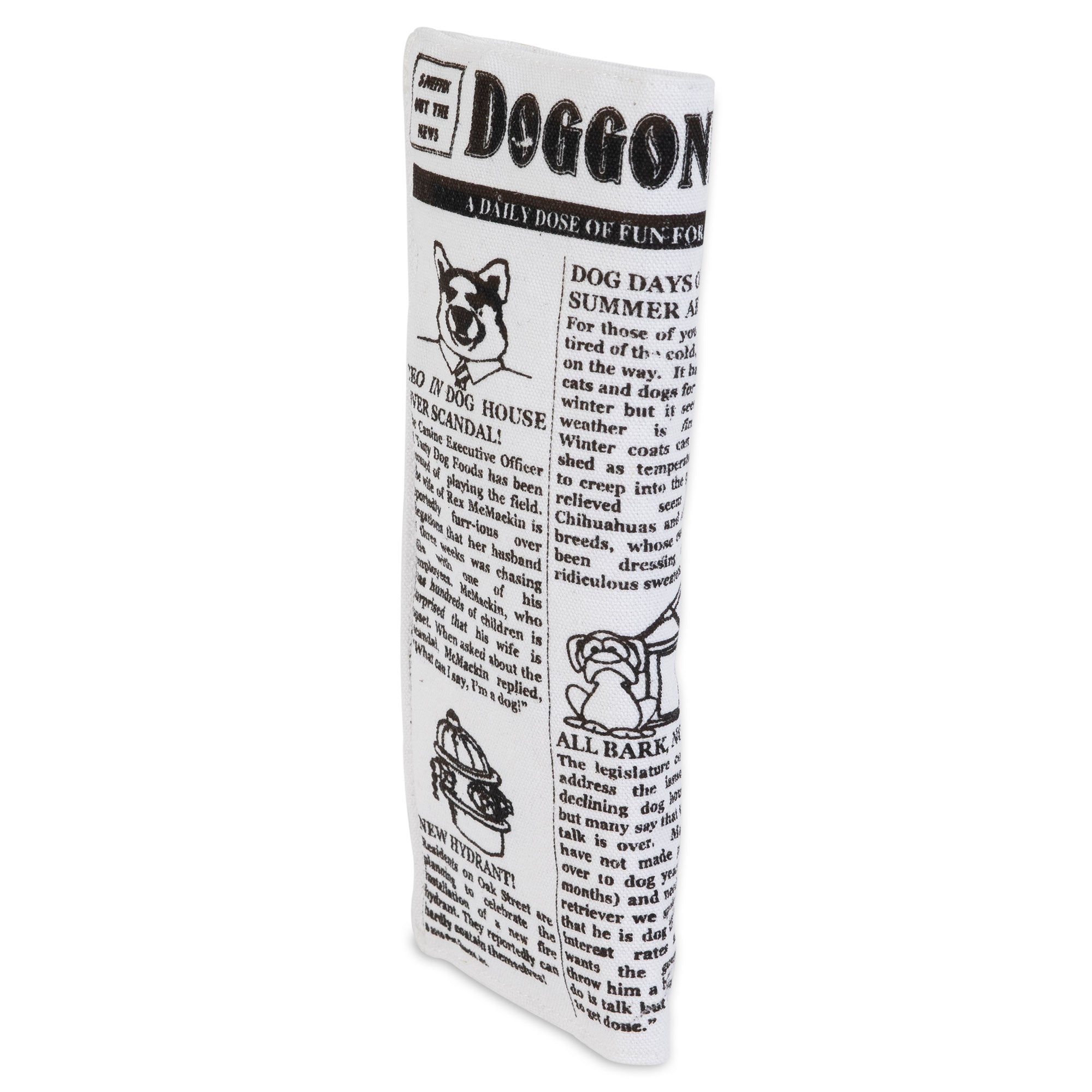 Meet the Pet Qwerks Krinkle & Squeaky Newspaper Plush Dog Toy by Petqwerks. Shaped like a newspaper, this durable canvas toy includes playful dog-themed articles and illustrations in a chic monochrome design, with the headline DOGGONE.