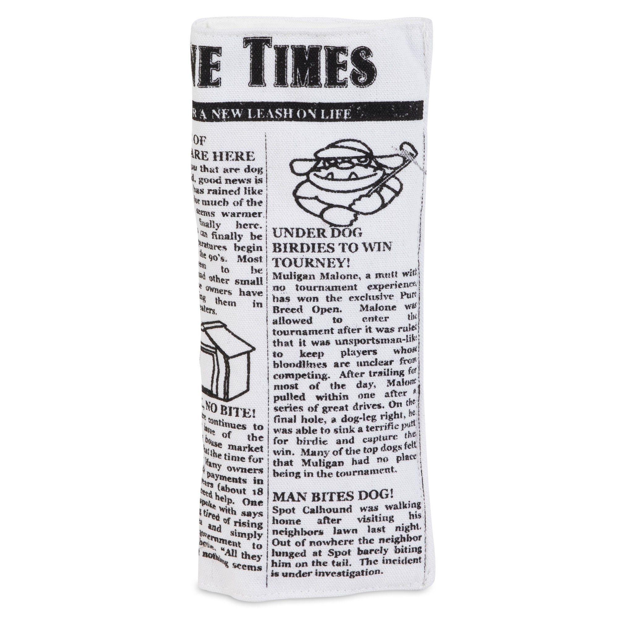 Introducing the Pet Qwerks Krinkle & Squeaky Newspaper Plush Dog Toy by Petqwerks, designed with a whimsical rolled-up newspaper pattern. Made from durable canvas, it features playful headlines like Man Bites Dog! and squeaks and giggles with charming black-and-white illustrations.