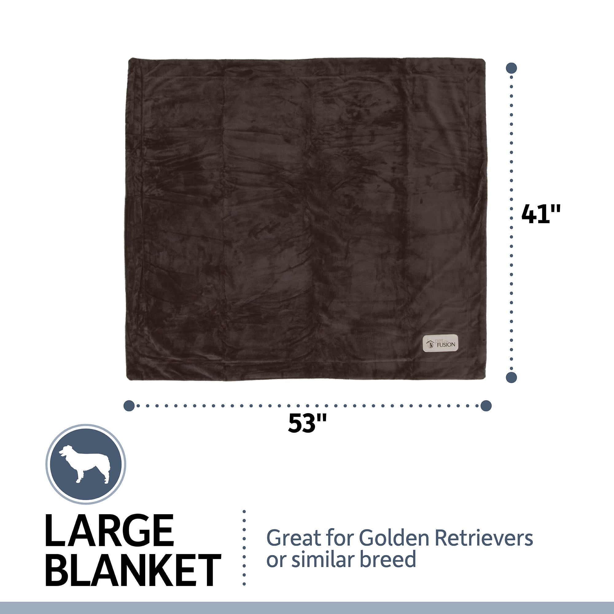 The PetFusion Premium Reversible Micro Plush Dog Blanket, by Pet Fusion, is a large dark-colored blanket measuring 53x41 inches. Made from polyester micro plush, it features a dog illustration and Large Blanket label—ideal for Golden Retrievers and as a furniture protector.
