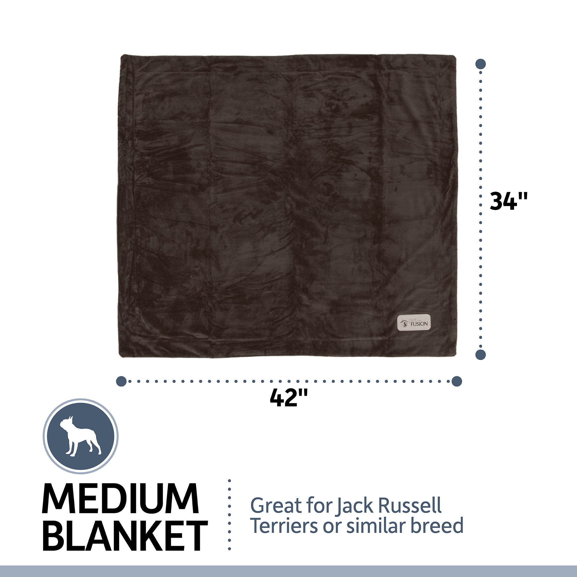 The PetFusion Premium Reversible Micro Plush Dog Blanket by Pet Fusion is a dark brown, medium-sized polyester blanket measuring 42x34 inches. It features a dog icon with the text Medium Blanket - Great for Jack Russell Terriers or similar breeds and includes a small label on one corner.