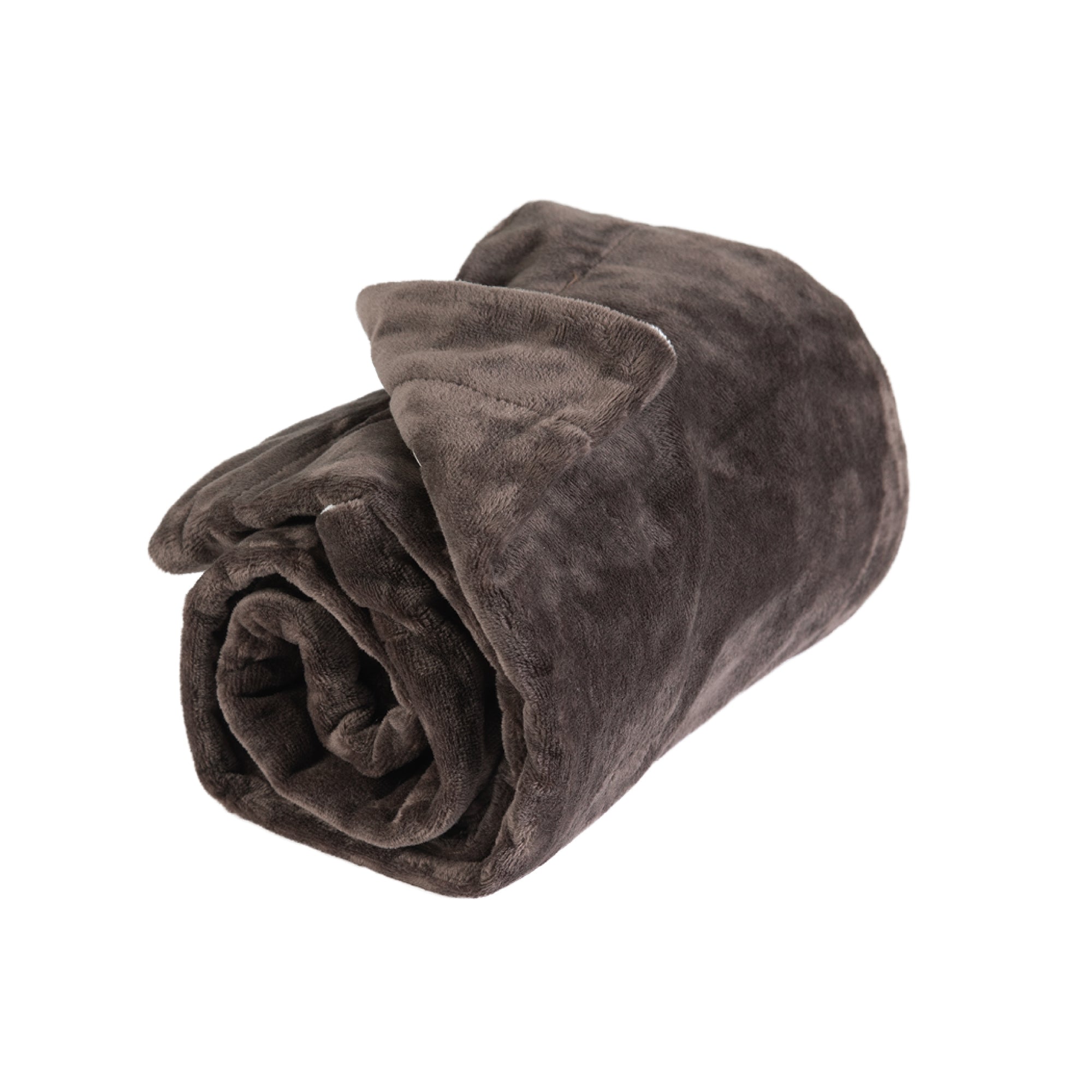 The PetFusion Premium Reversible Micro Plush Dog Blanket, by Pet Fusion, is a soft dark brown fleece crafted from luxurious polyester micro plush, neatly rolled with a folded edge on top.