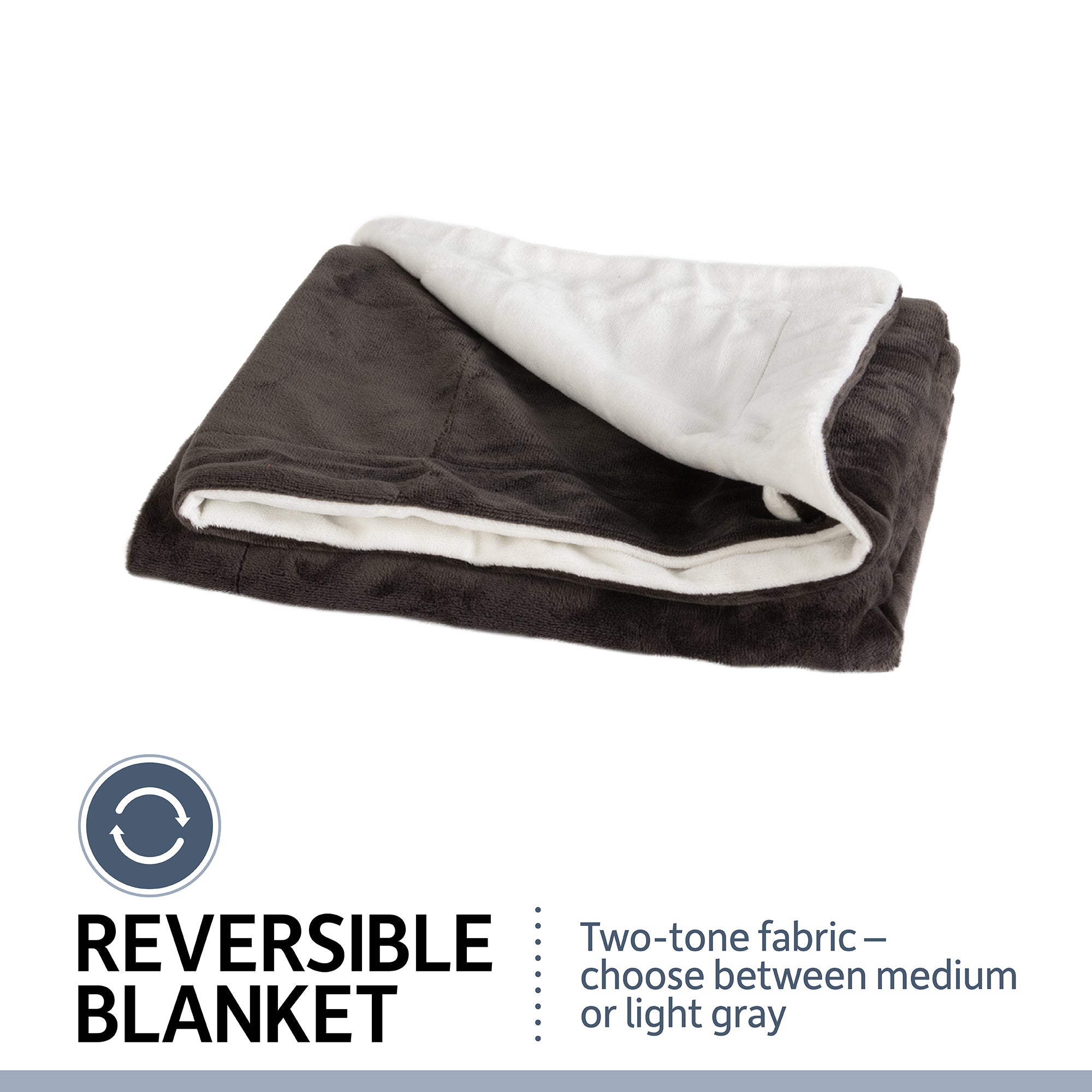 The PetFusion Premium Reversible Micro Plush Dog Blanket is neatly folded, showcasing its reversible medium gray and light gray tones. Made from polyester micro plush, this soft blanket serves as a cozy pet wrap or a stylish furniture protector, with an icon highlighting its dual-color options.