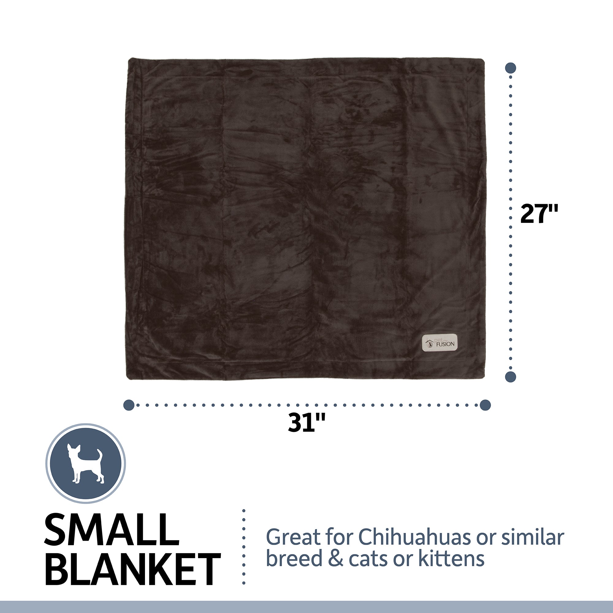The PetFusion Premium Reversible Micro Plush Dog Blanket, crafted from polyester micro plush, measures 31x27 inches. Ideal as a furniture protector for Chihuahuas, cats, and kittens, it features a Pet Fusion brand label in the bottom right corner with size and usage info against a white background.