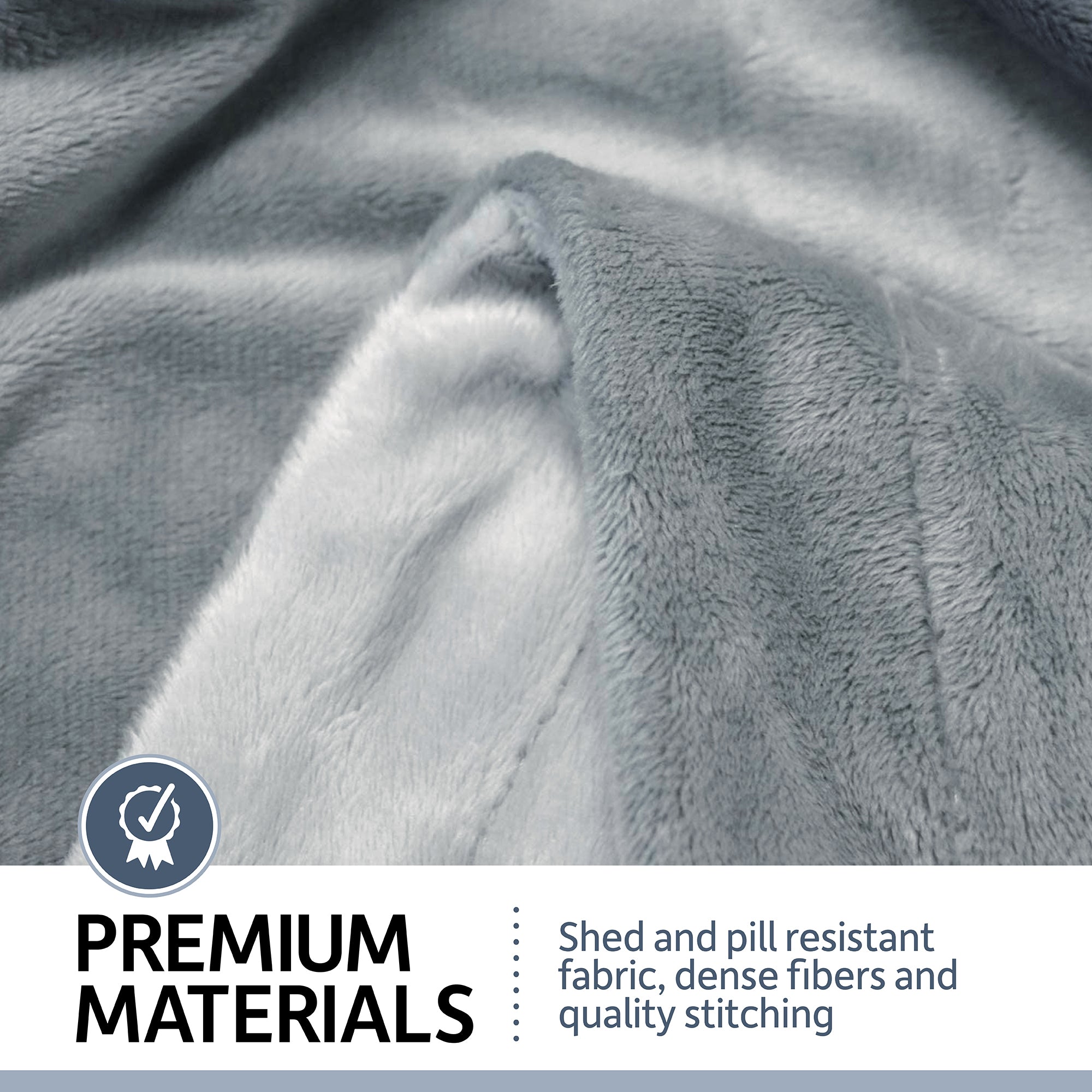 Close-up of the soft, gray fabric with a visible fold highlighting its dense texture. Text reads: PetFusion Premium Reversible Micro Plush Dog Blanket: Shed and pill-resistant with dense fibers, ideal for pets or furniture protection.