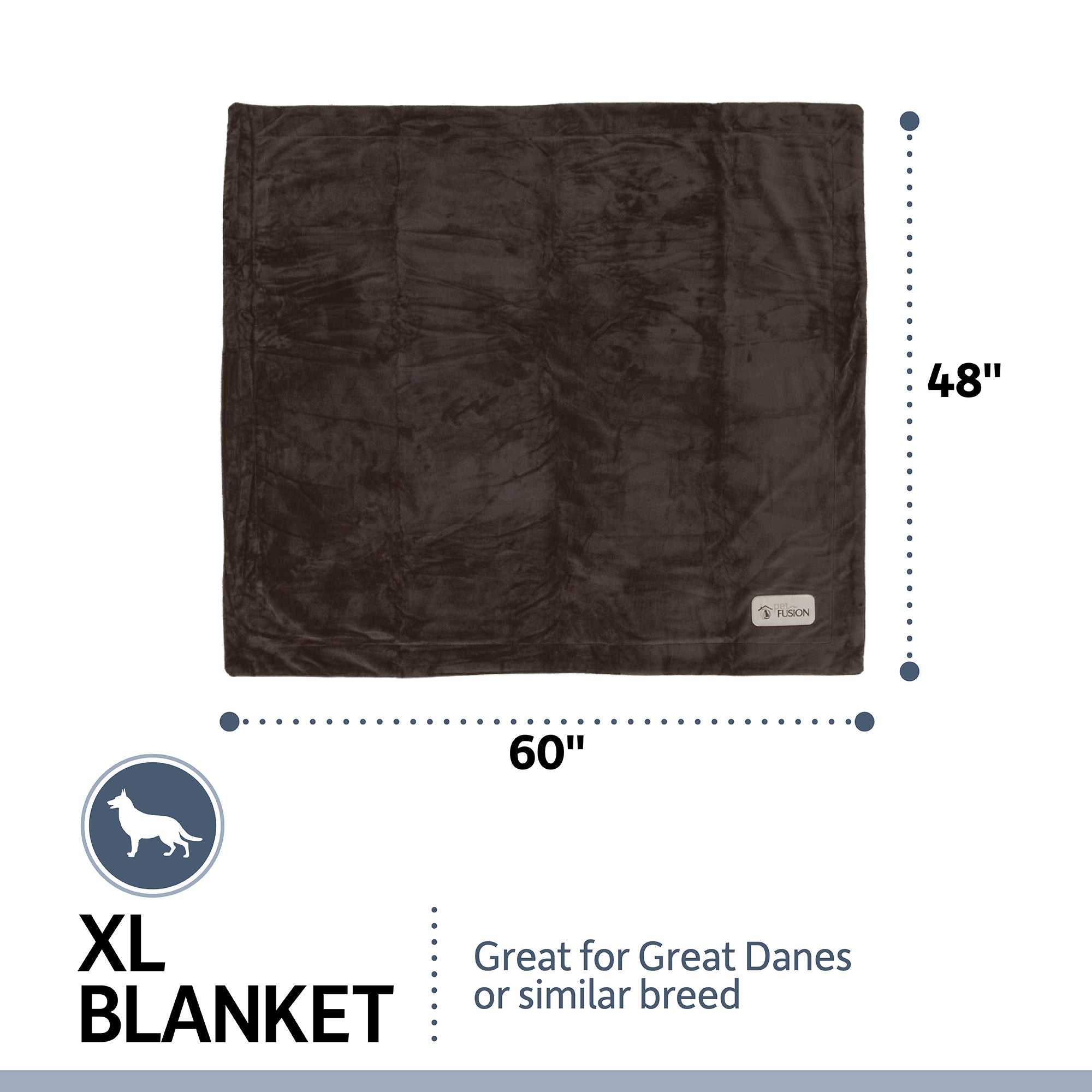 The PetFusion Premium Reversible Micro Plush Dog Blanket by Pet Fusion is a dark brown XL size (60x48 inches) crafted from polyester, featuring a corner tag with the logo. Its perfect for Great Danes and similar breeds, doubles as a furniture protector, and has a dog icon on it.