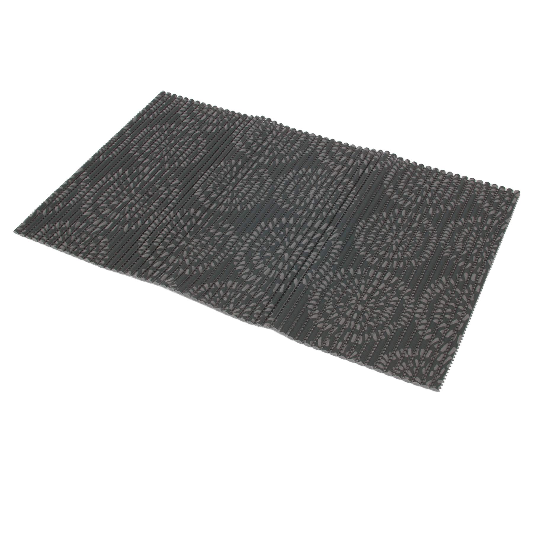 The Pet-mates Ribbed Foam Feeding & Watering Mat blends style and function with its rectangular dark gray felt and circular ribbed design. Its non-skid backing provides stability, making it a stylish and practical addition to any dining area.