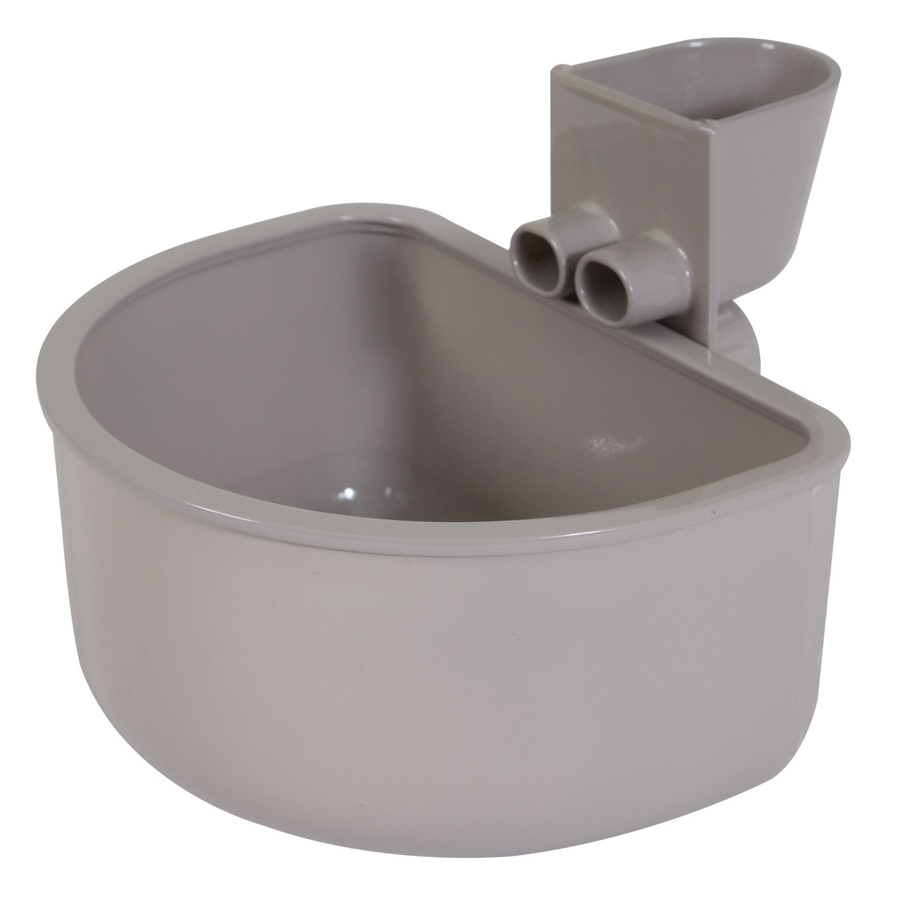 The Pet-mates No Spill Kennel Cup by Pet-mates is a gray automatic livestock drinking bowl featuring a rectangular base, two spouts, and an attached float mechanism for regulating water levels. Ideal for farms or stables.