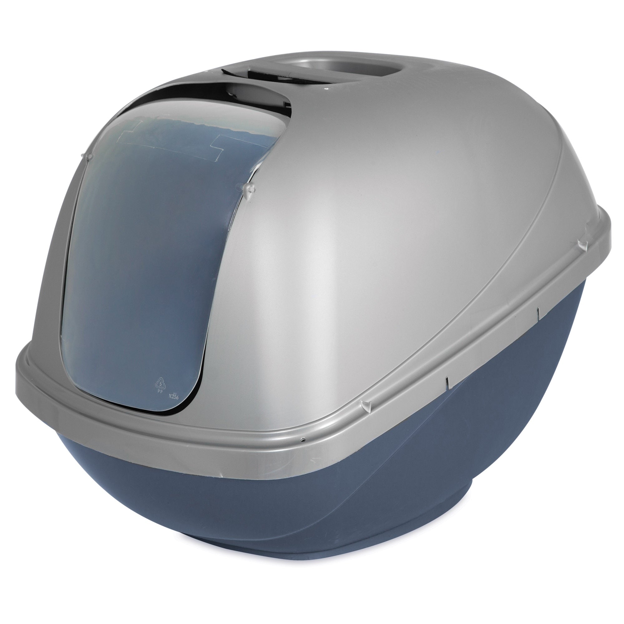 The Pet-mates Basic Hooded Cat Litter Pan by Pet-mates is a grey, oval-shaped design with a transparent front flap and top handle. Its darker grey base creates a chic two-tone look, complete with an odor-absorbing filter for easy cleaning and freshness.