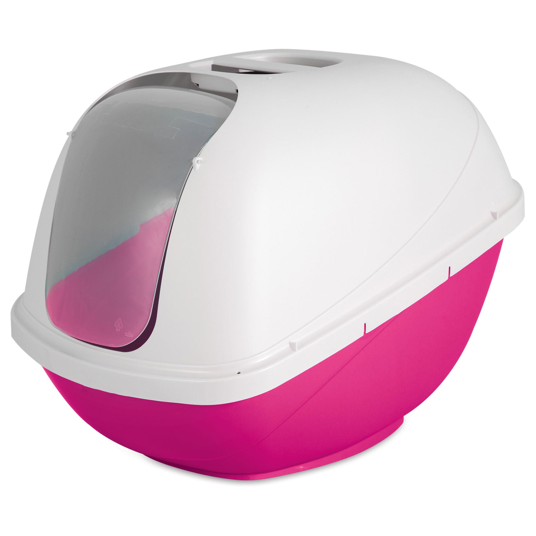 The Pet-mates Basic Hooded Cat Litter Pan by Pet-mates features a pink base, white top, translucent front entry flap door, easy-to-clean design, convenient carrying handle, and an odor-absorbing filter for freshness.
